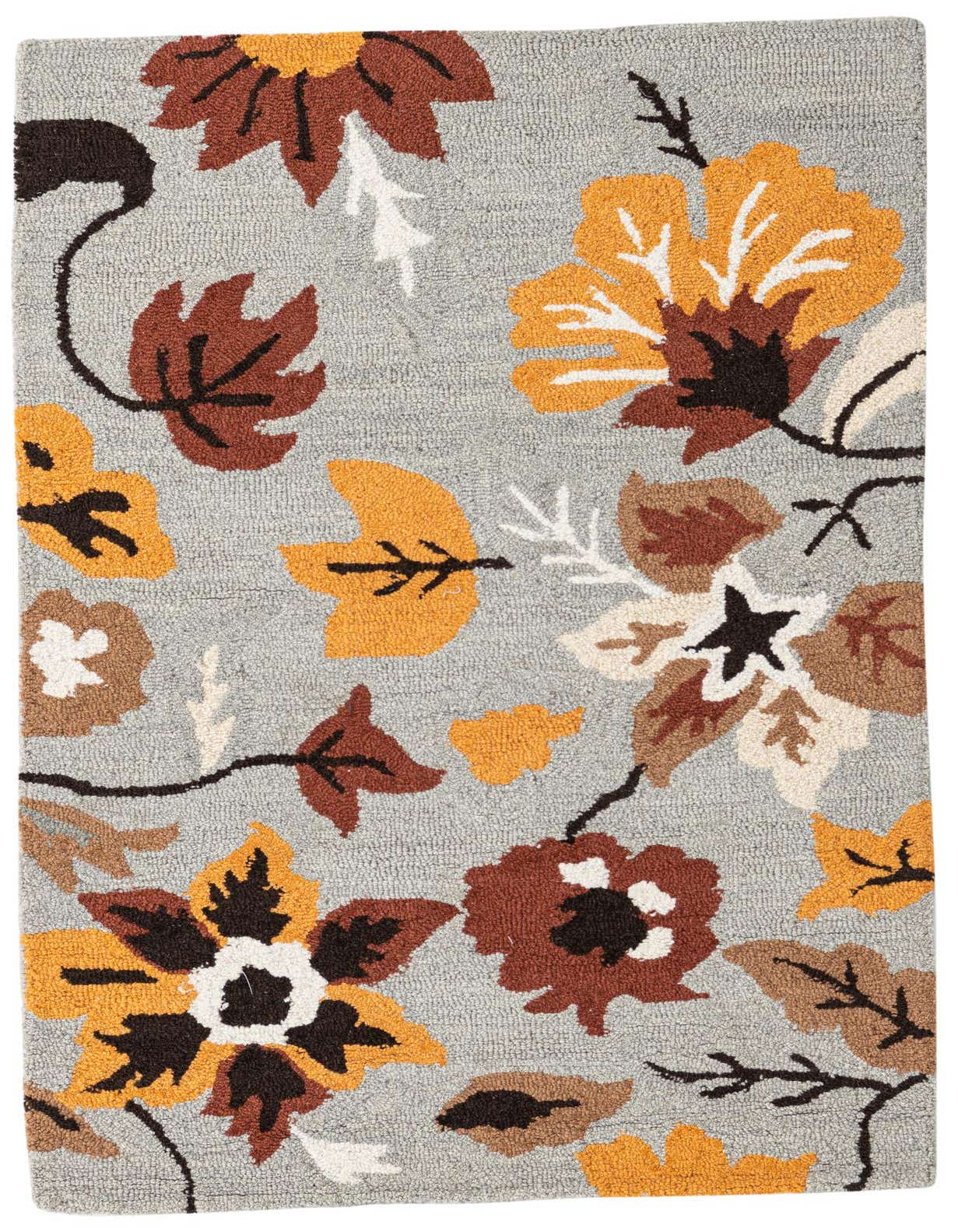 A rectangular 3x5 gray modern area rug featuring a vibrant floral pattern with large orange, brown, and cream flowers and leaves.