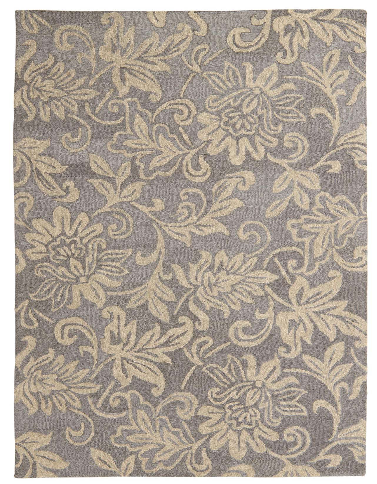 A 5x8 rectangular Agra rug with a traditional floral pattern in light beige on a gray background.