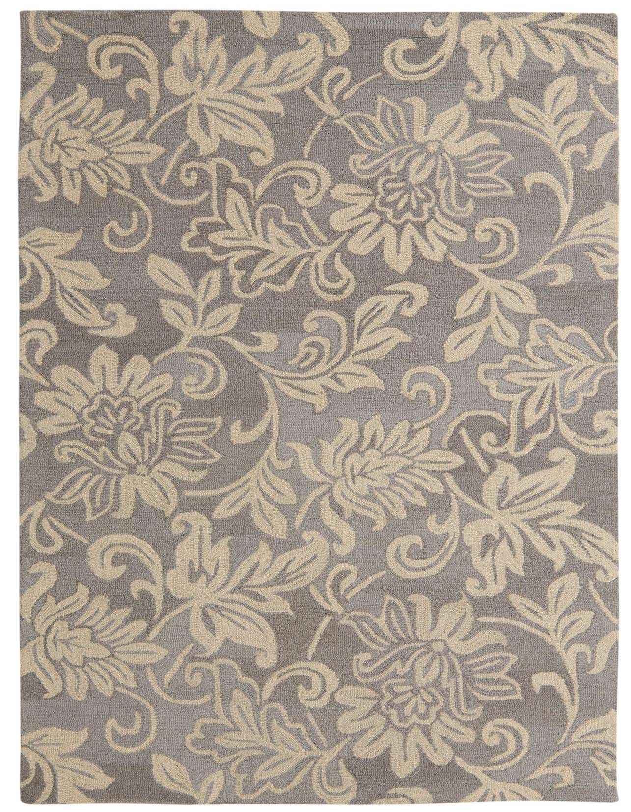 A 5x8 rectangular gray modern area rug with a high pile, featuring an elegant beige floral pattern.