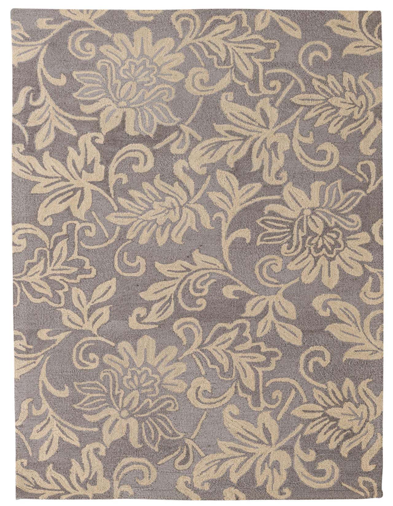 A 5x8 rectangular gray area rug with a high pile, featuring an intricate cream and beige floral and botanical pattern.