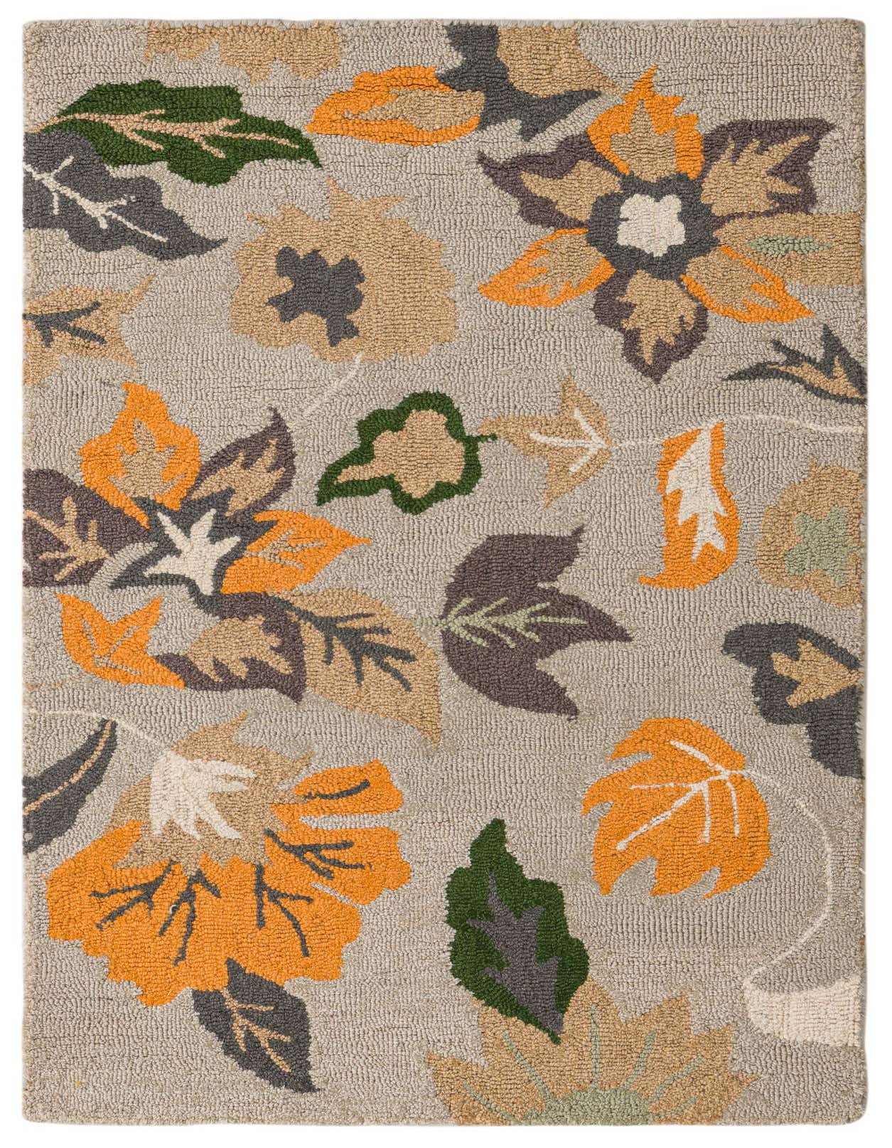 A 3x5 rectangular indoor rug with a gray background and a vibrant floral and botanical pattern in orange, green, and brown.