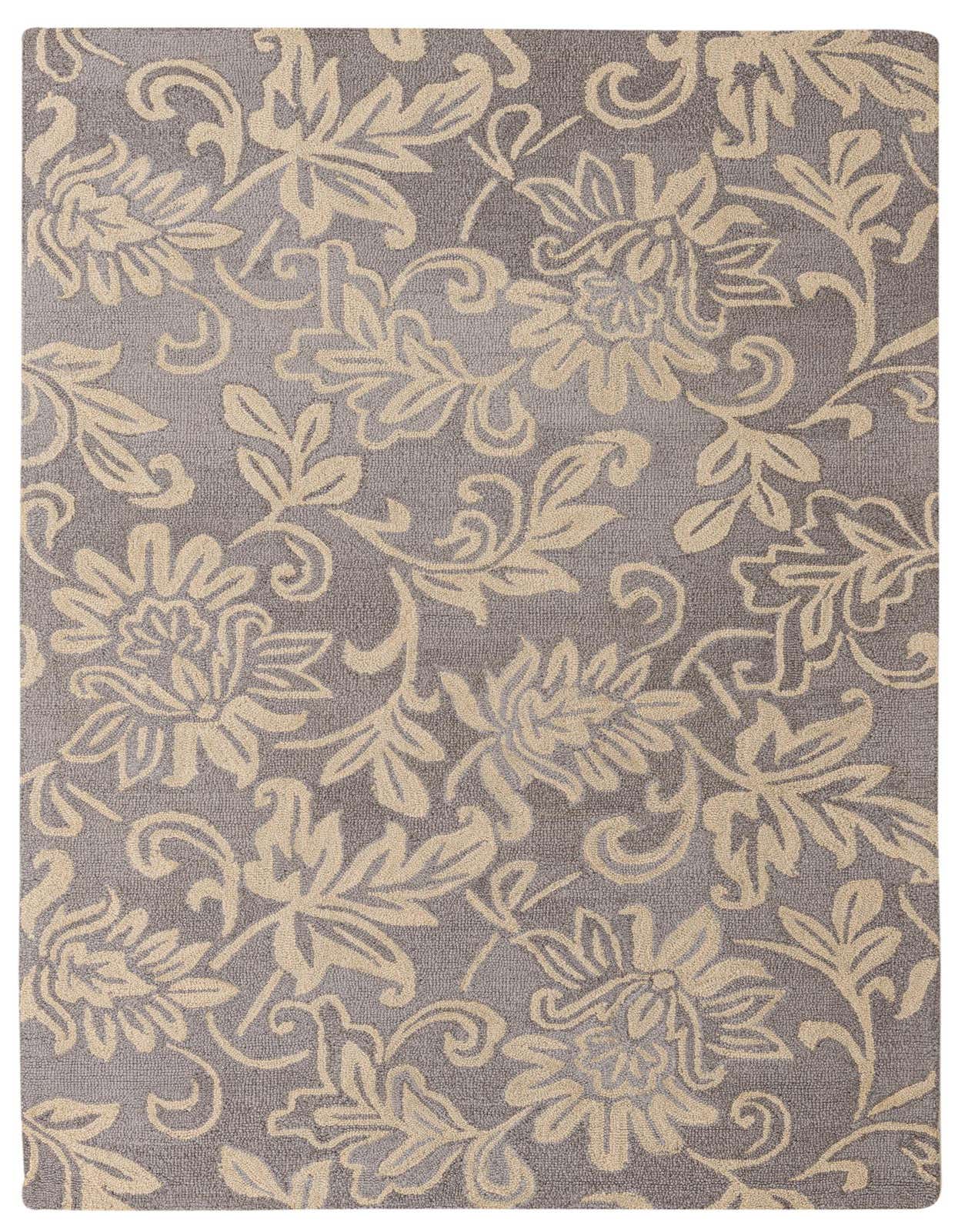 A 5x8 rectangular gray modern area rug featuring an intricate, high-pile floral and vine pattern in light beige.