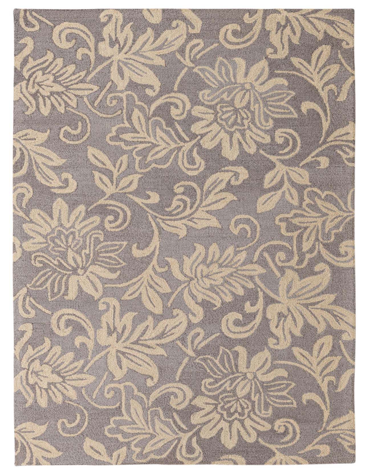 A 5x8 rectangular gray wool area rug featuring a high pile and an intricate beige floral and botanical pattern.
