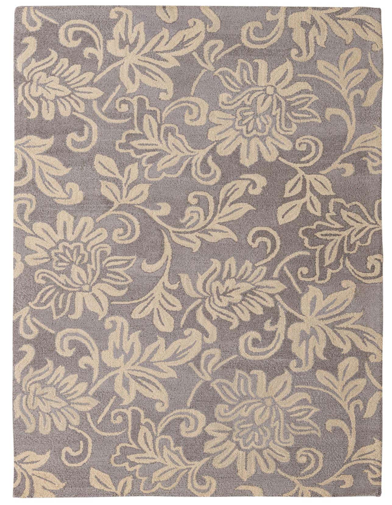 A rectangular 5x8 gray wool area rug with a high pile, featuring an elegant, swirling floral pattern in light beige.