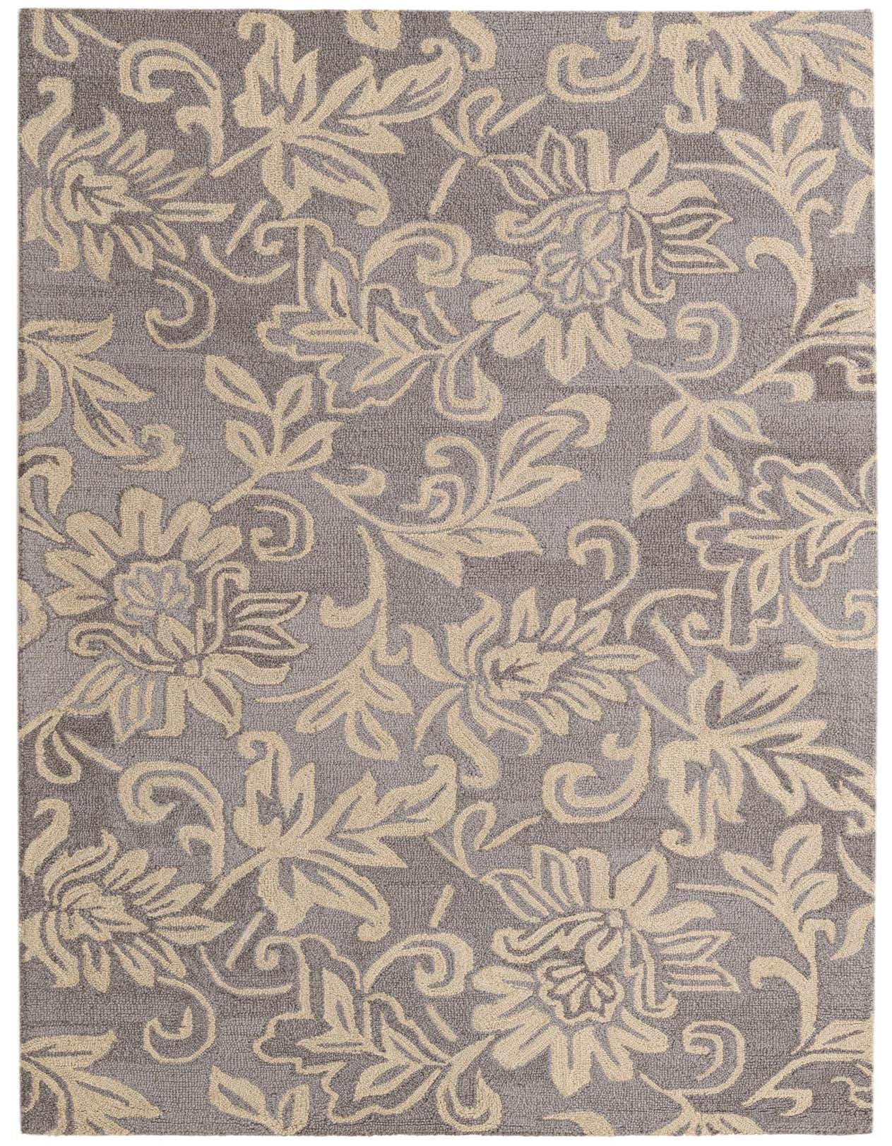 A 5x8 rectangular gray wool rug with an intricate beige floral and botanical pattern, perfect for a living room.