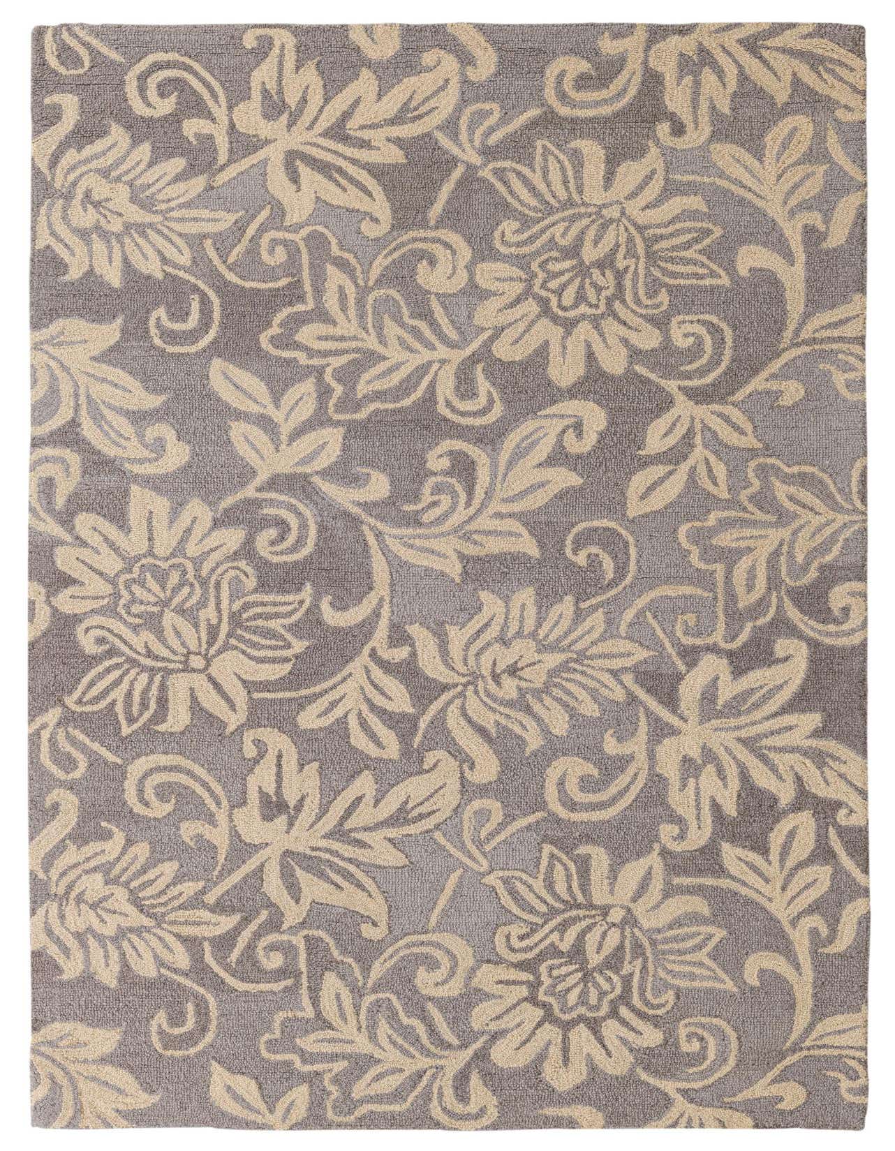 A rectangular 5x8 gray wool area rug with a traditional beige floral and vine pattern, suitable for a living room.