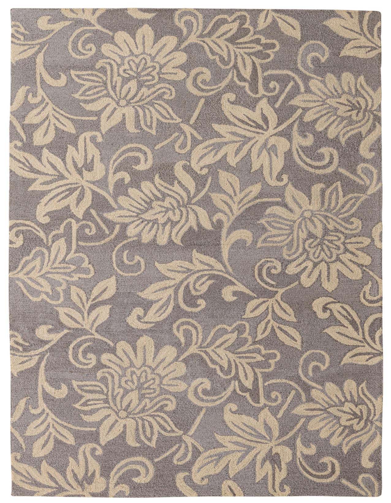 A 5x8 rectangular gray wool rug with an intricate light beige traditional floral and vine pattern, ideal for a living room.