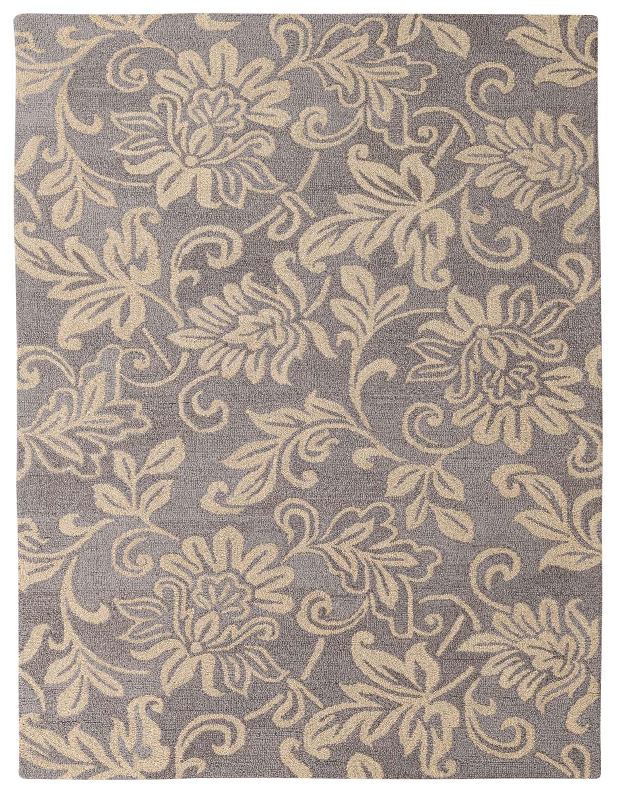 A rectangular 5x8 gray wool area rug with an intricate beige traditional floral and vine pattern, suitable for a living room.