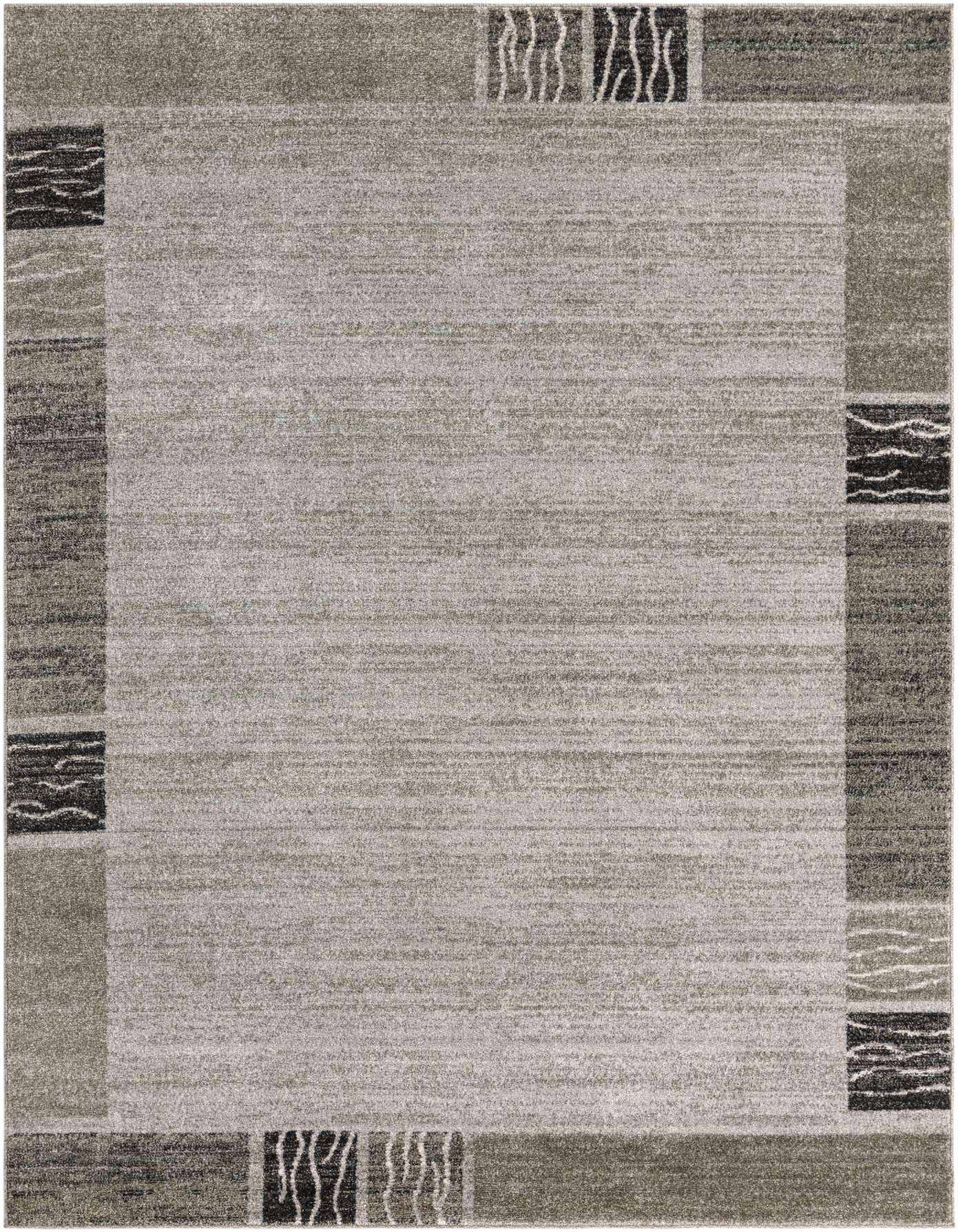 A 7x10 rectangular gray area rug with a contemporary border featuring abstract wavy patterns in varying shades of gray and black.