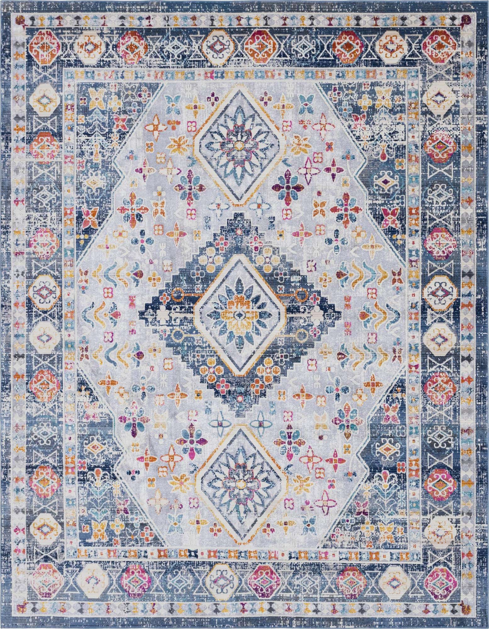 An 8x10 rectangular Budapest rug featuring a distressed gray and silver base with a vibrant bohemian medallion pattern in blues, oranges, pinks, and yellows.
