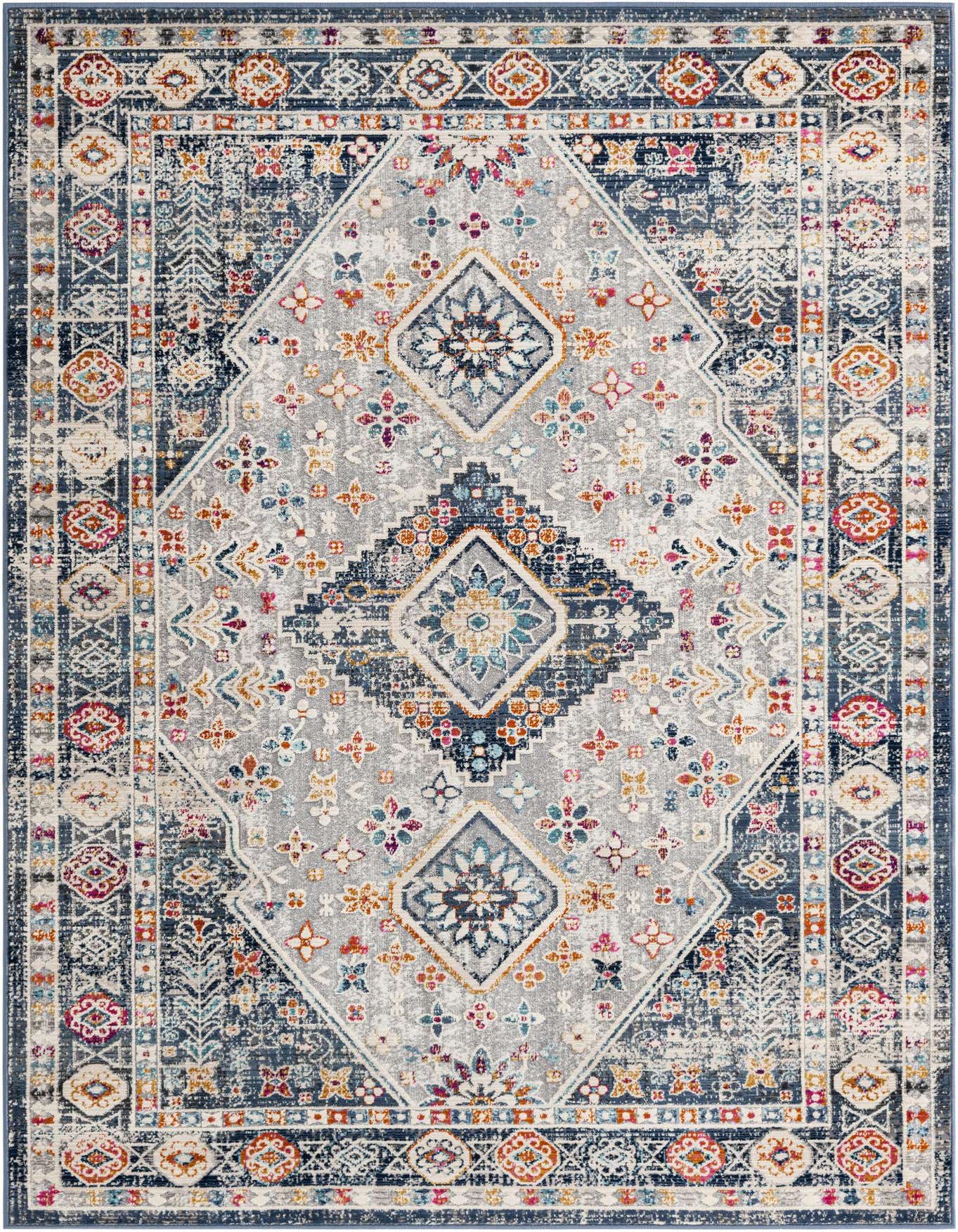 A 5x8 rectangular gray and navy bohemian area rug with a distressed medallion pattern and colorful accents.