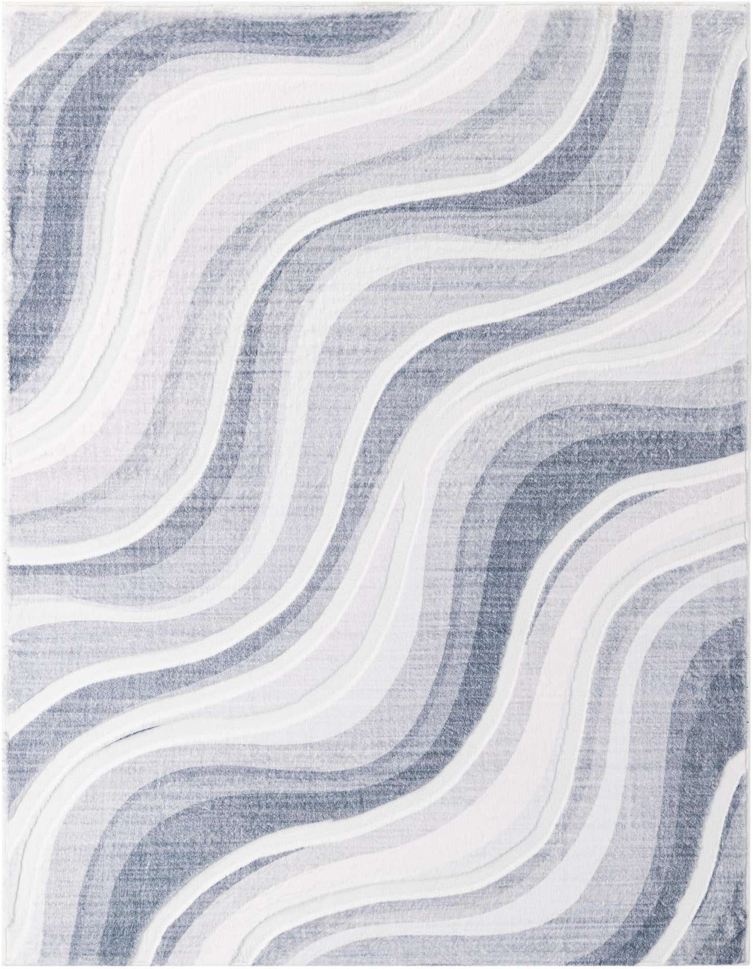A 5x7 rectangular indoor rug featuring a modern wavy pattern in varying shades of gray and silver.