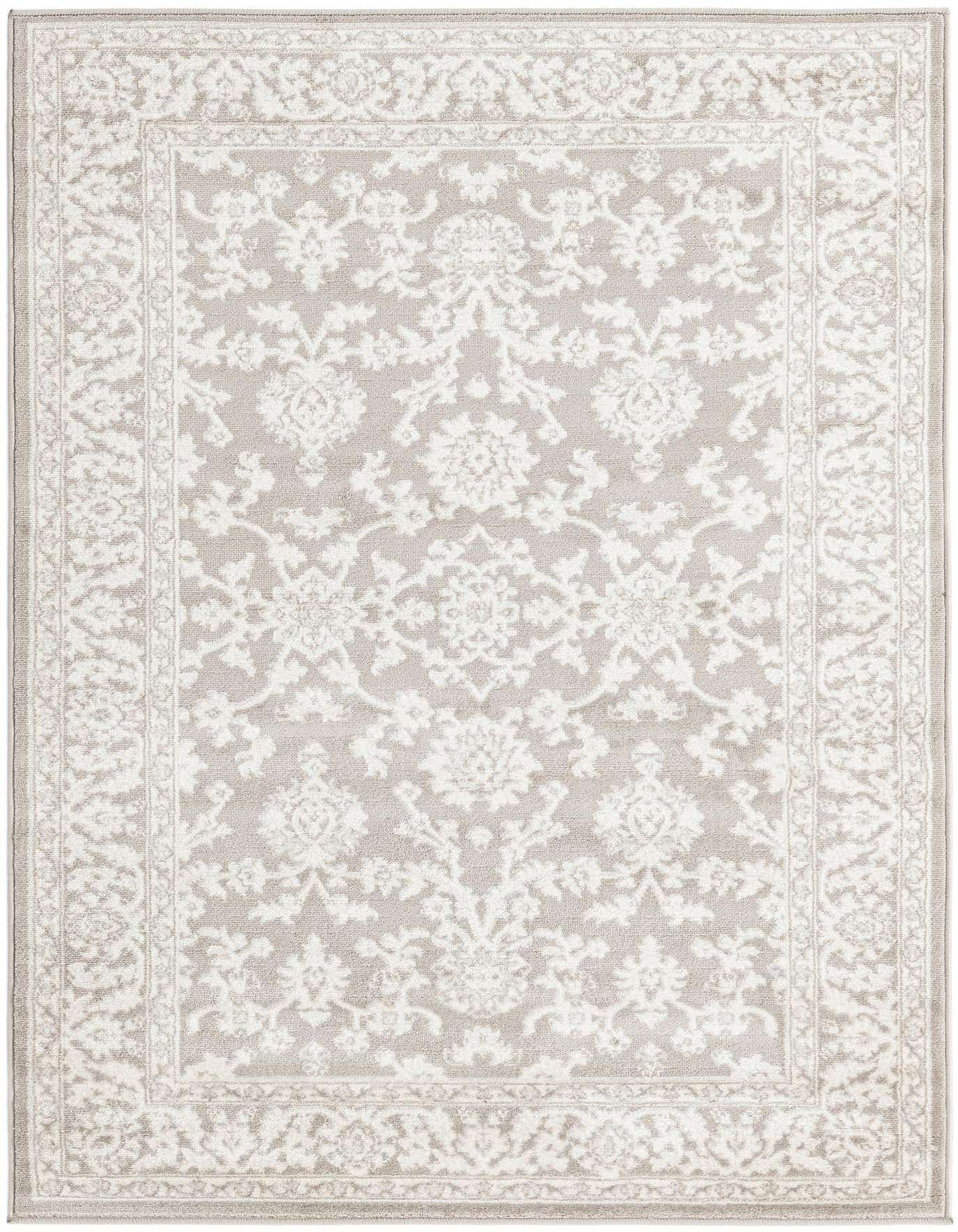 A 4x6 rectangular gray and silver traditional floral rug with a decorative border, suitable for various indoor rooms.