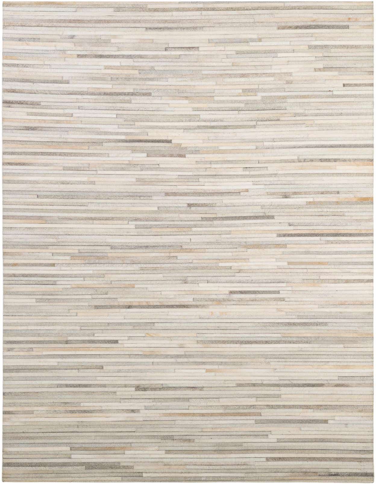 A 5x8 rectangular Cowhide Patchwork rug featuring horizontal stripes in varying shades of gray, silver, and cream, suitable for a modern living room.