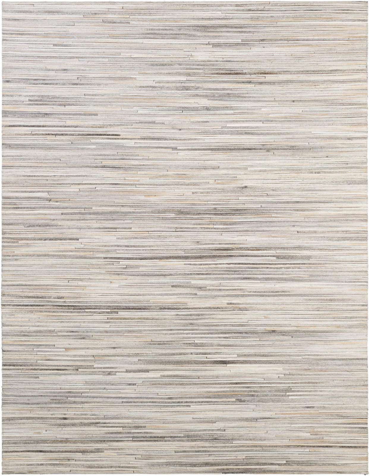 A 5x8 rectangular Cowhide Patchwork rug featuring horizontal strips of gray and silver tones, ideal for a modern living room.