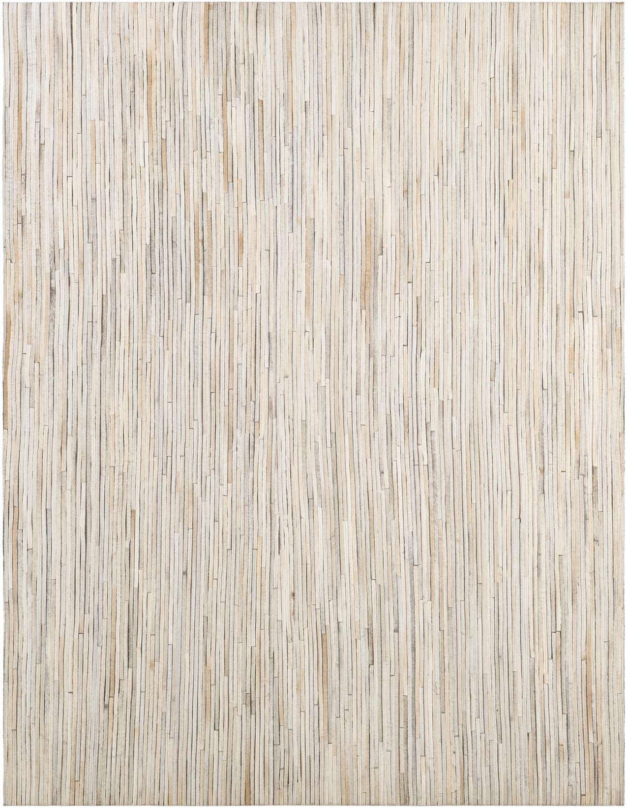 A 5x8 rectangular Cowhide Patchwork rug in shades of gray and silver, featuring a modern stripe pattern, ideal for a living room or bedroom.