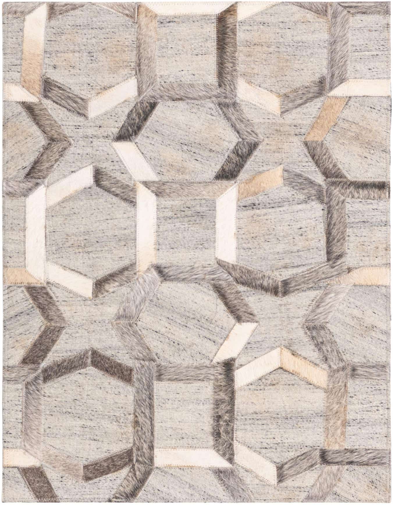 A 2x3 rectangular gray cowhide rug featuring a modern geometric pattern of interlocking hexagons in varying shades of gray, silver, and cream.