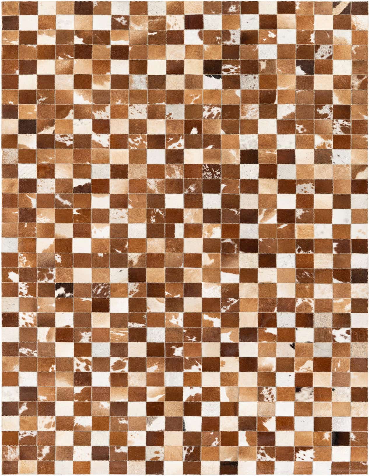 A rectangular 5x8 modern cowhide rug featuring a checkered pattern of varying gray, silver, and white patches.