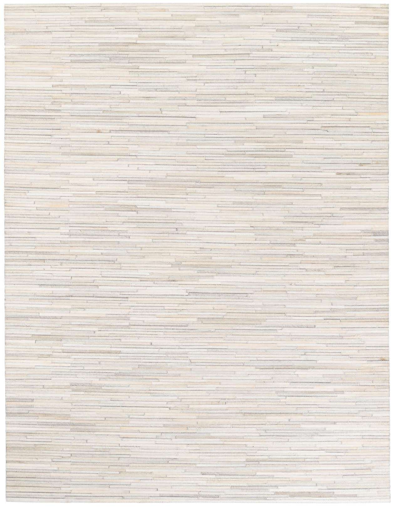A 5x8 rectangular Cowhide Stocks rug by Rugs.com, featuring a modern striped pattern in varying shades of gray and silver.
