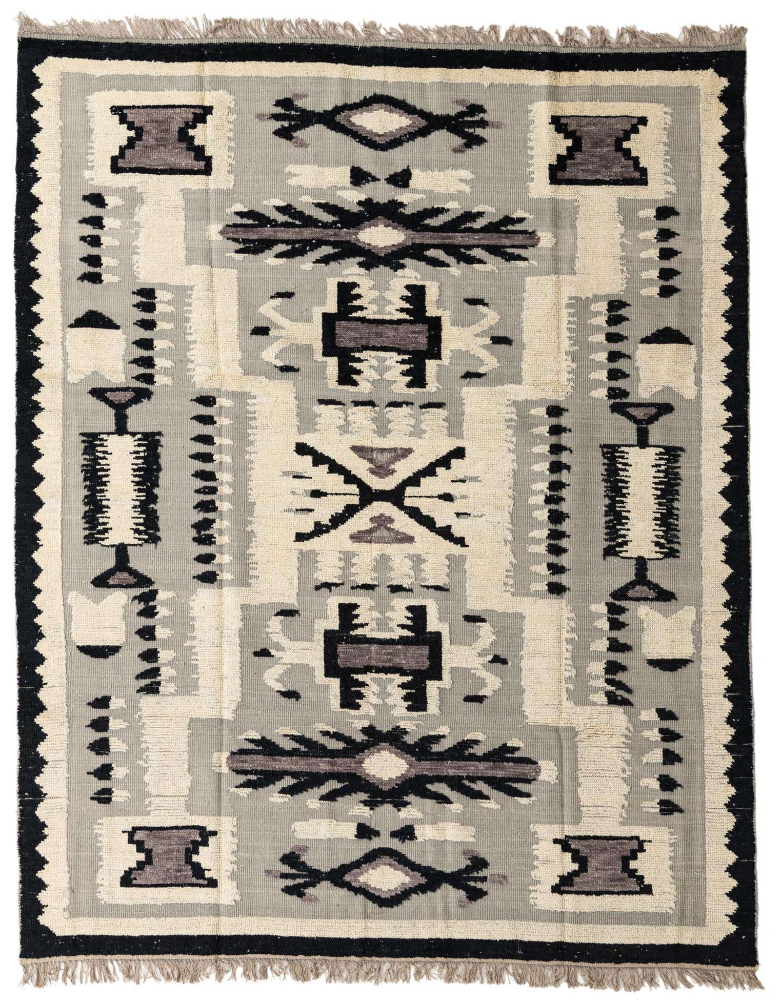 A rectangular 8x10 Darya rug with a modern abstract pattern in shades of gray, silver, black, and cream, featuring a high pile and fringe.