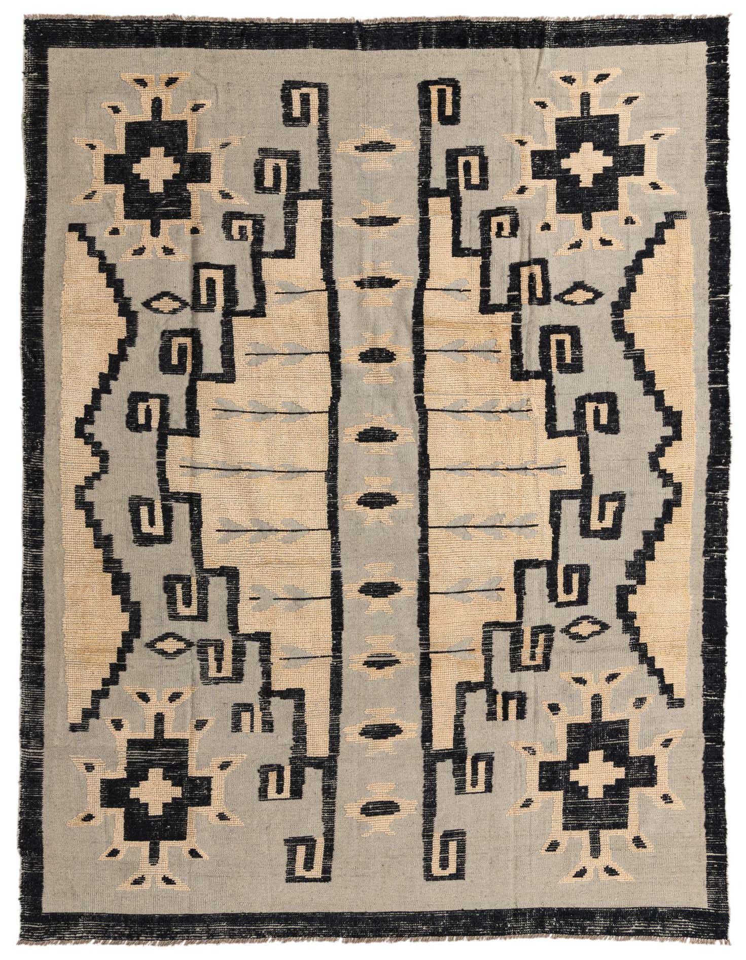An 8x10 rectangular Darya Collection rug featuring a modern abstract pattern in gray, black, and beige.