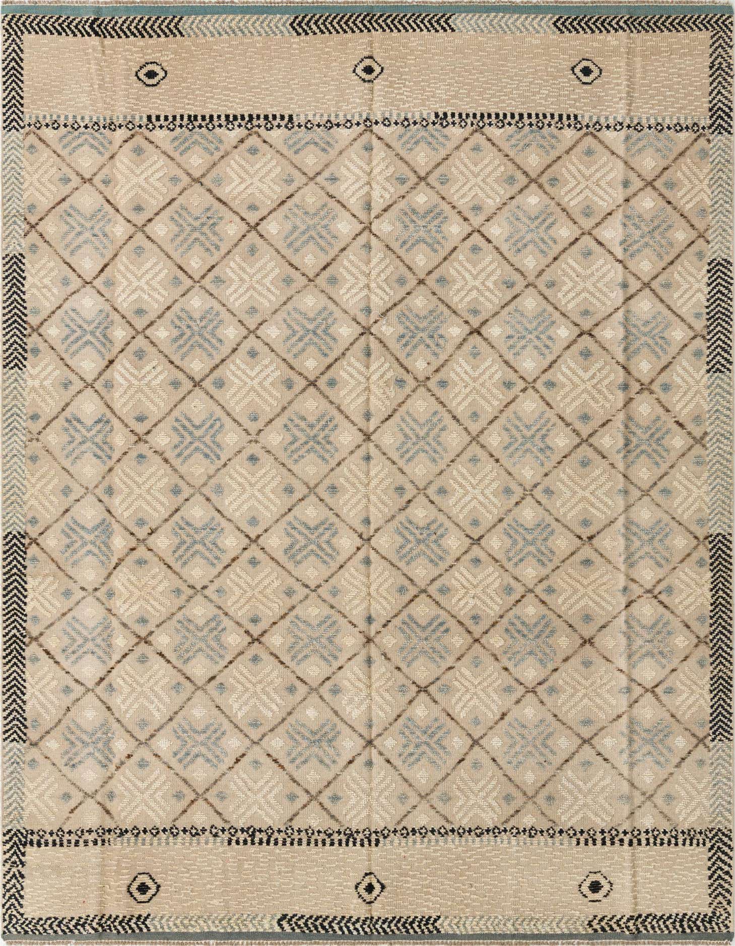 A handmade 8x11 rectangular Darya wool rug with a modern abstract pattern in grays, silvers, and beige.