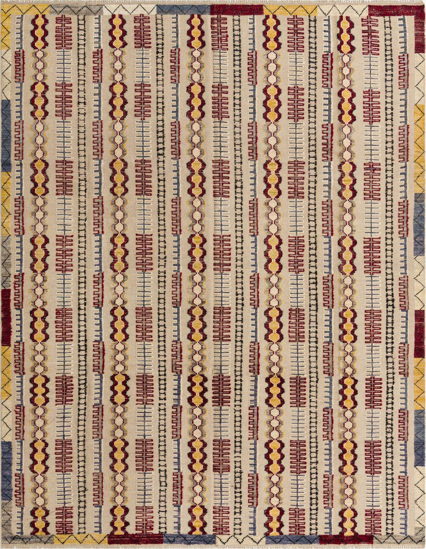 A 9x12 rectangular Darya rug with a modern abstract pattern in grays, silvers, red, and yellow, featuring vertical stripes of geometric shapes on a light background.