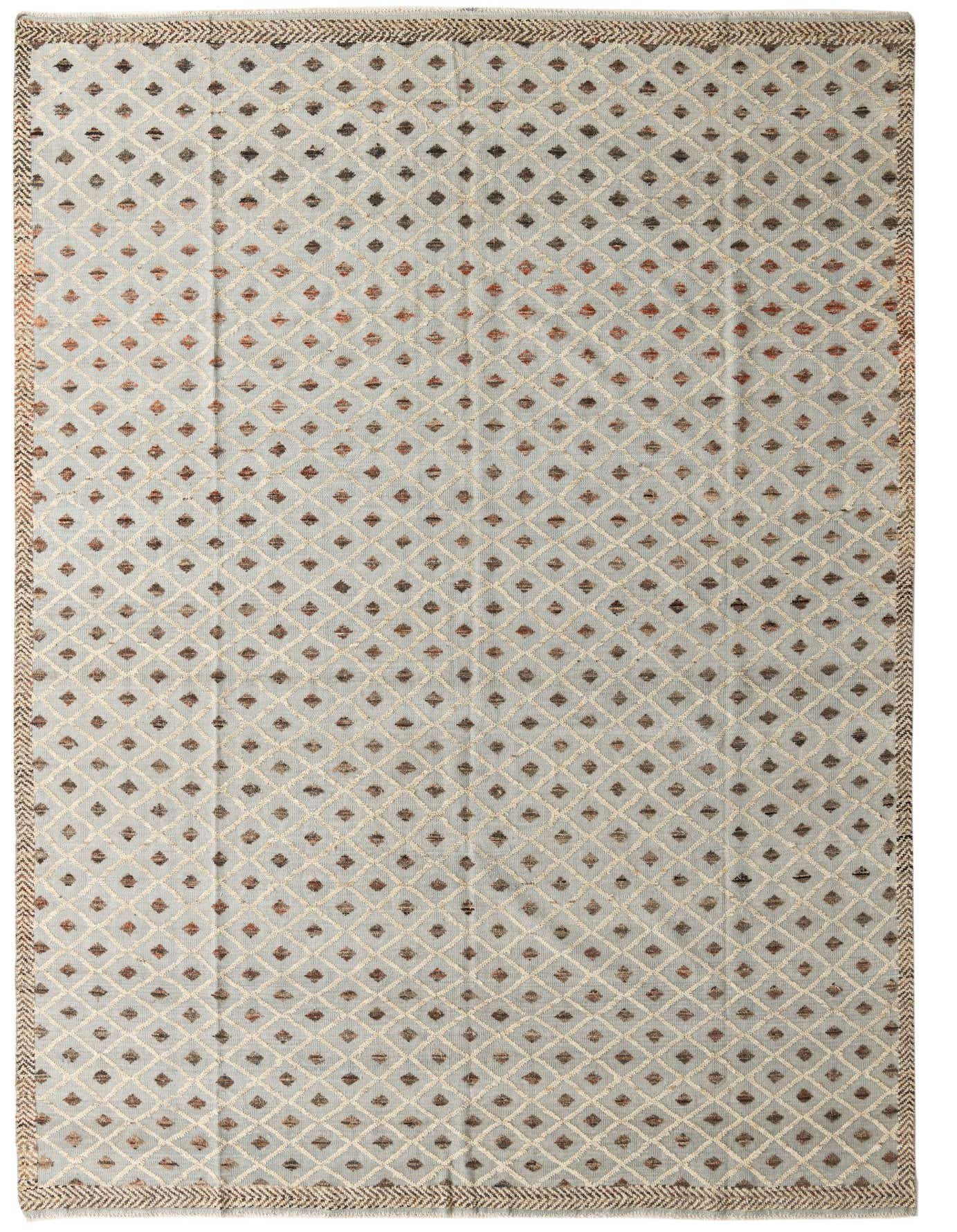 A 10x14 rectangular gray wool rug with a modern abstract diamond pattern and a textured border.