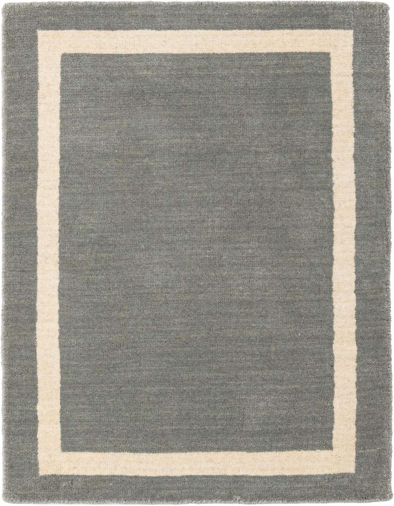 A 2x3 rectangular gray wool rug with a cream border, suitable for a kitchen, bathroom, or entryway.