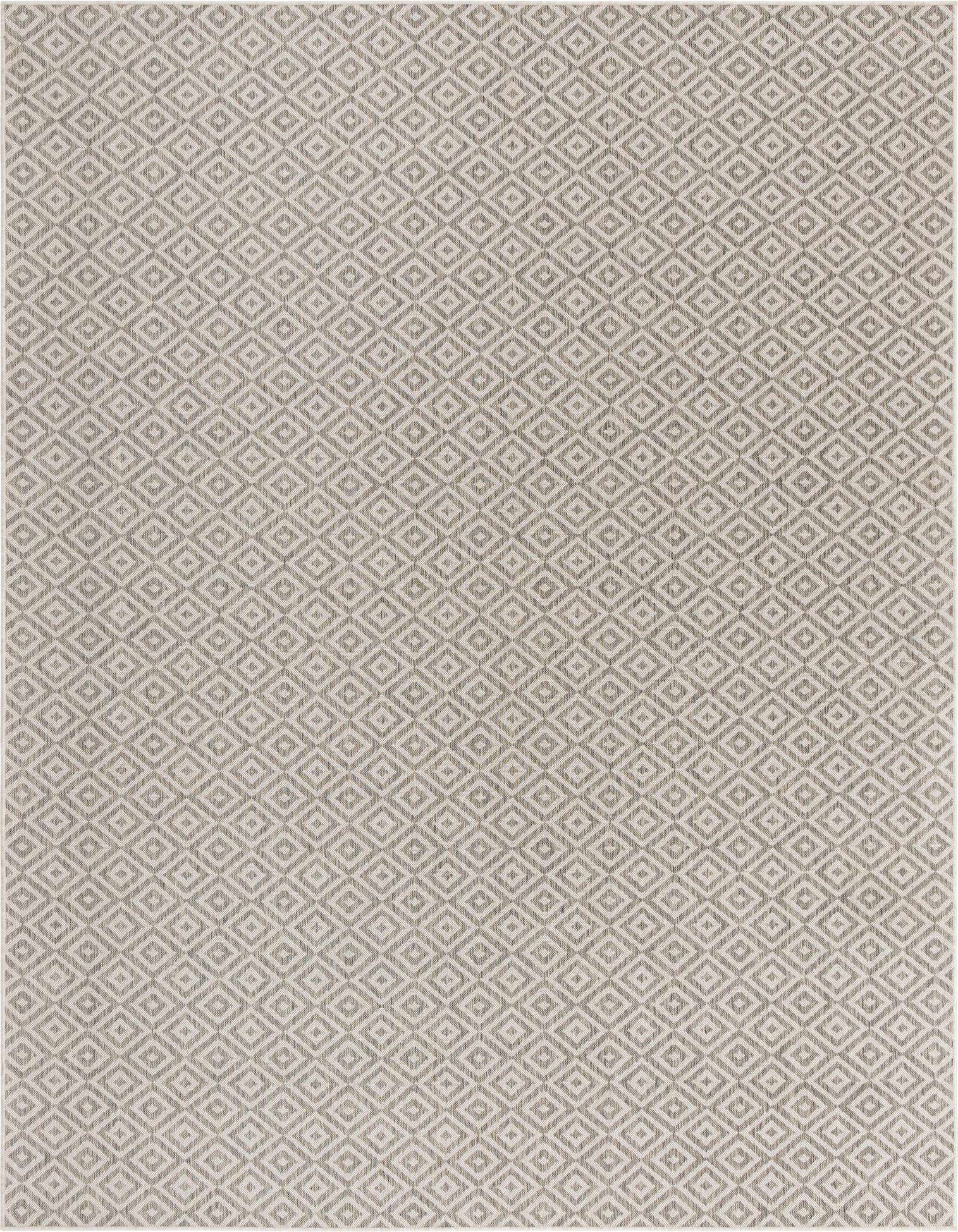 A 9x12 rectangular gray and silver Bohemian trellis rug with a textured flatweave pattern, suitable for indoor or outdoor use.