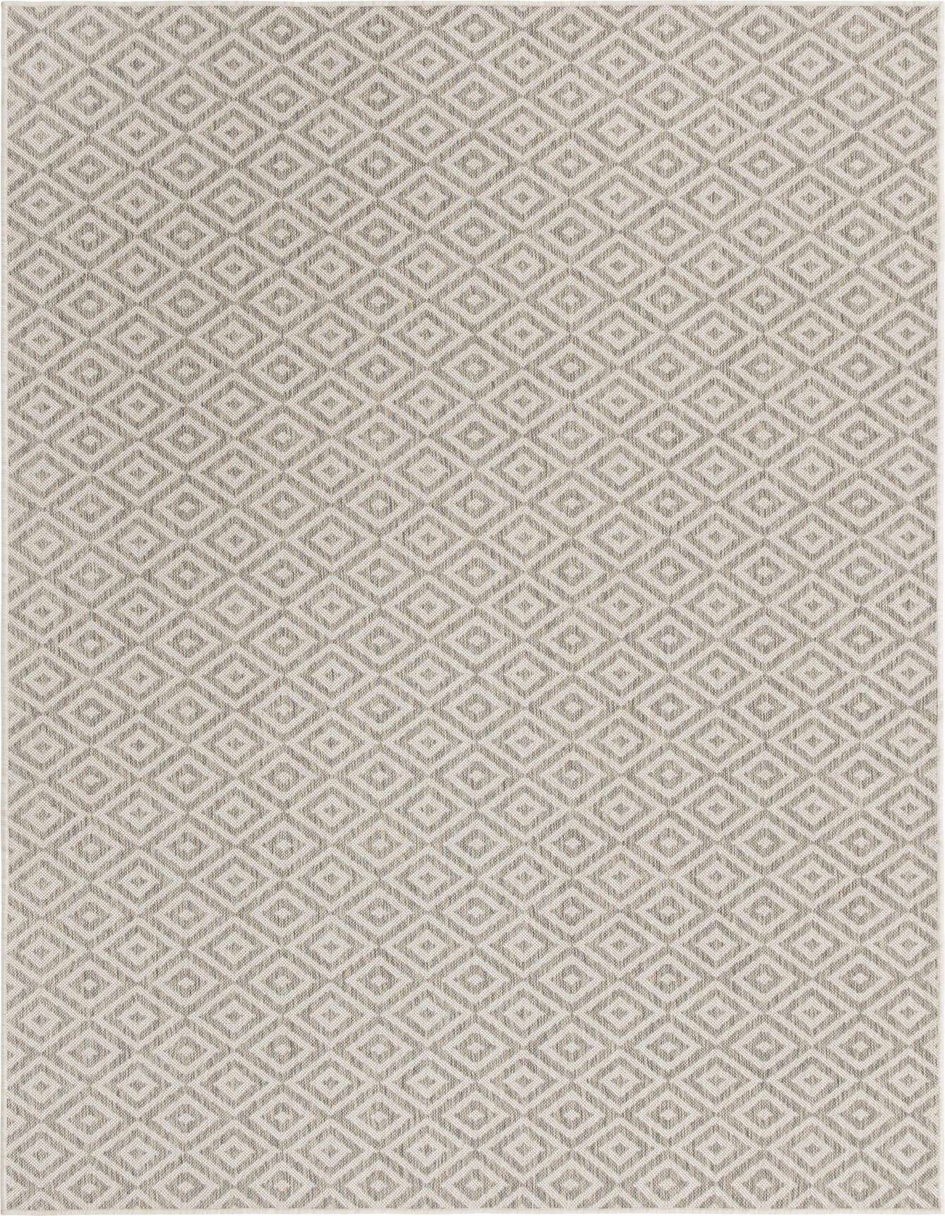 A 6x9 rectangular gray and silver indoor/outdoor rug with a modern bohemian trellis pattern.