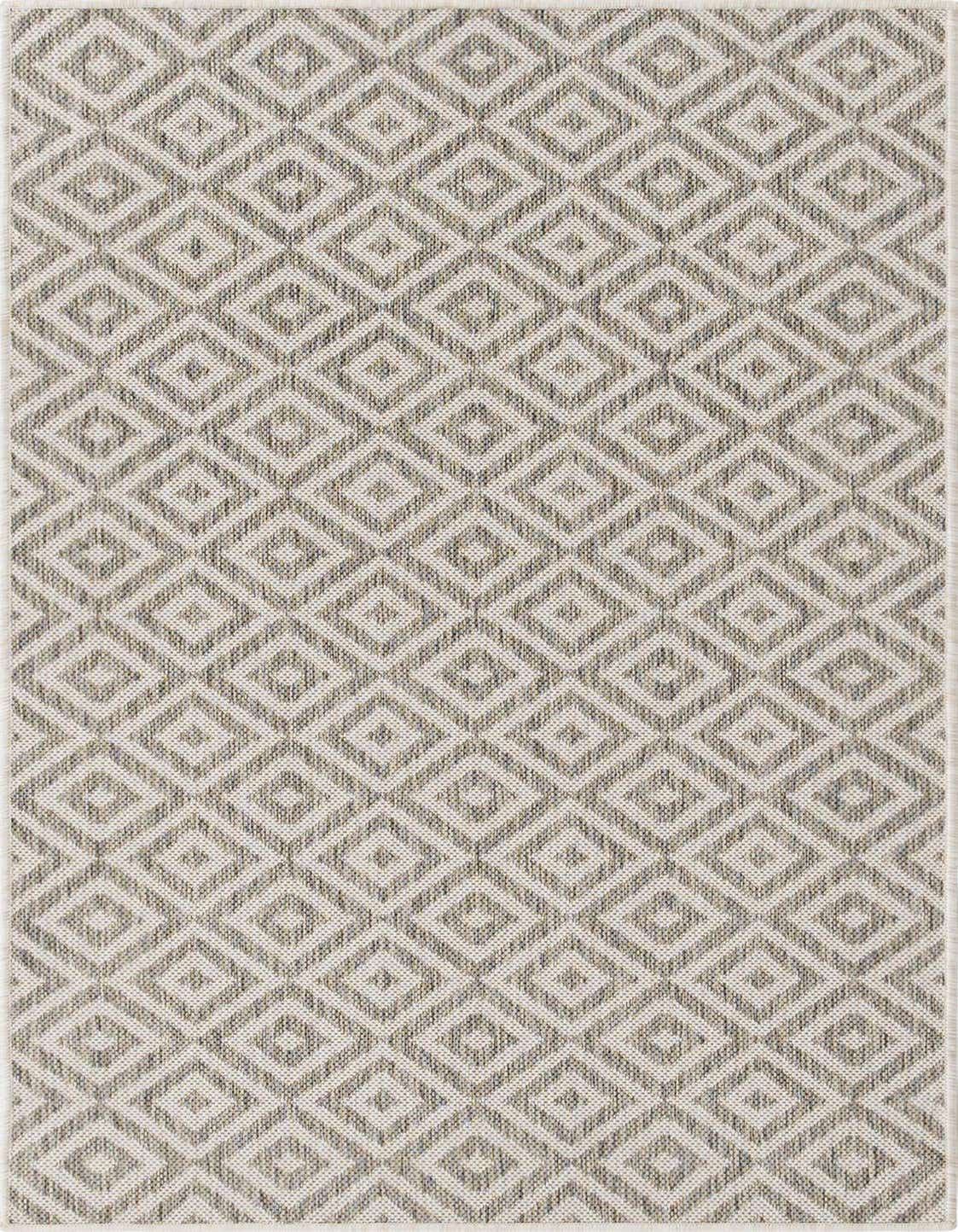 A 3x5 rectangular gray and silver indoor/outdoor rug with a modern bohemian trellis pattern and textured flatweave.