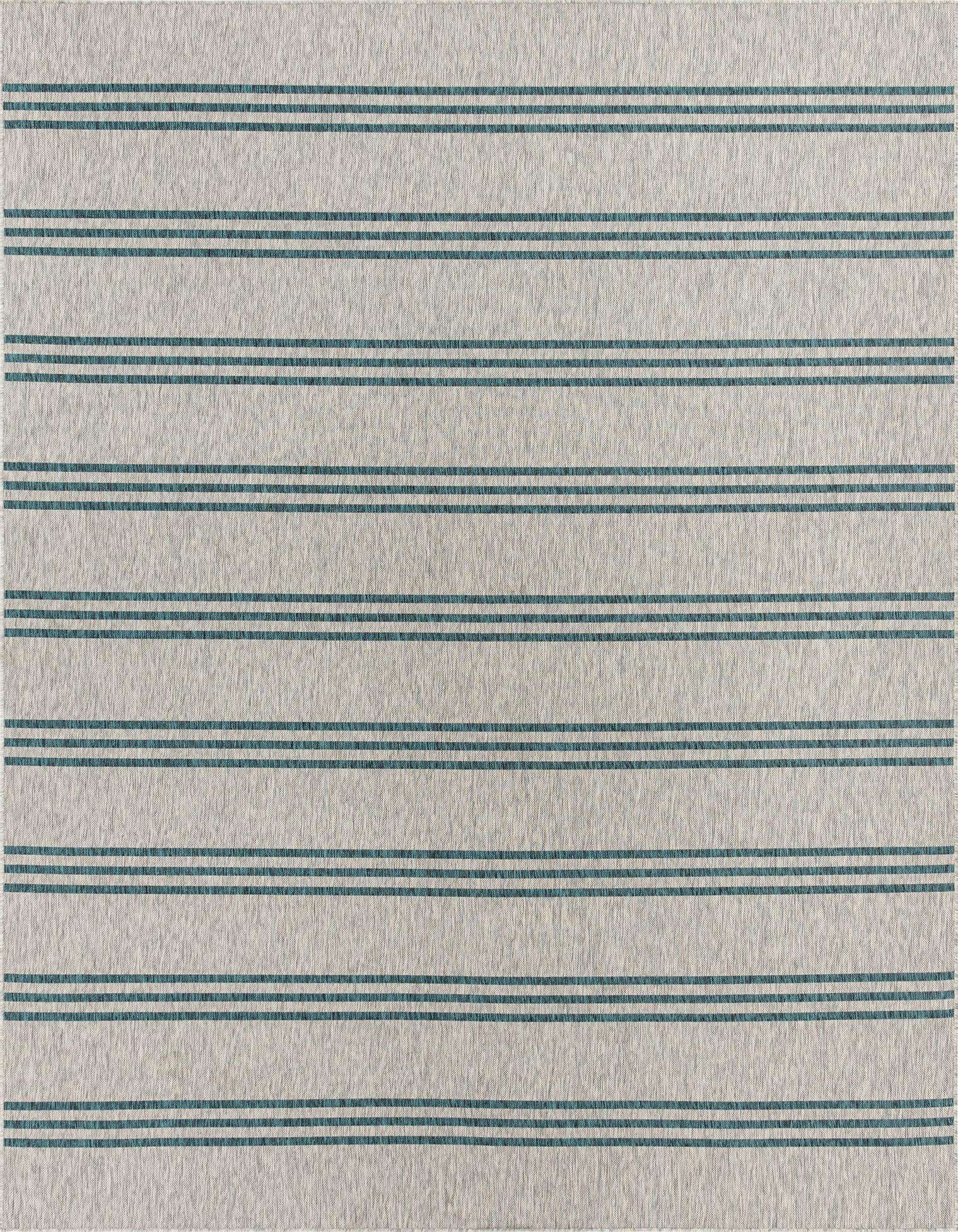 A 9x12 rectangular gray rug with horizontal teal stripes, suitable for indoor or outdoor living spaces.