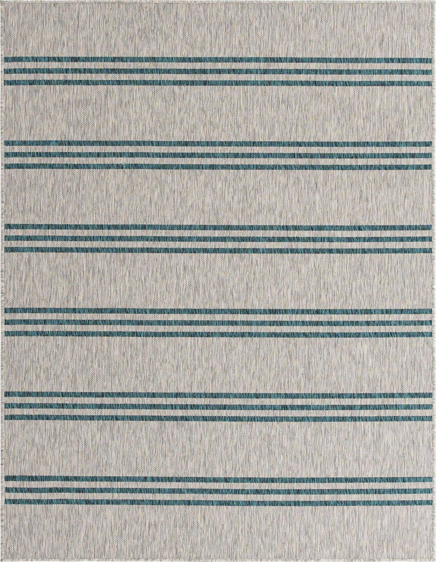 A 5x8 rectangular indoor/outdoor rug featuring a textured gray background with horizontal teal blue stripes, perfect for a patio or living room.
