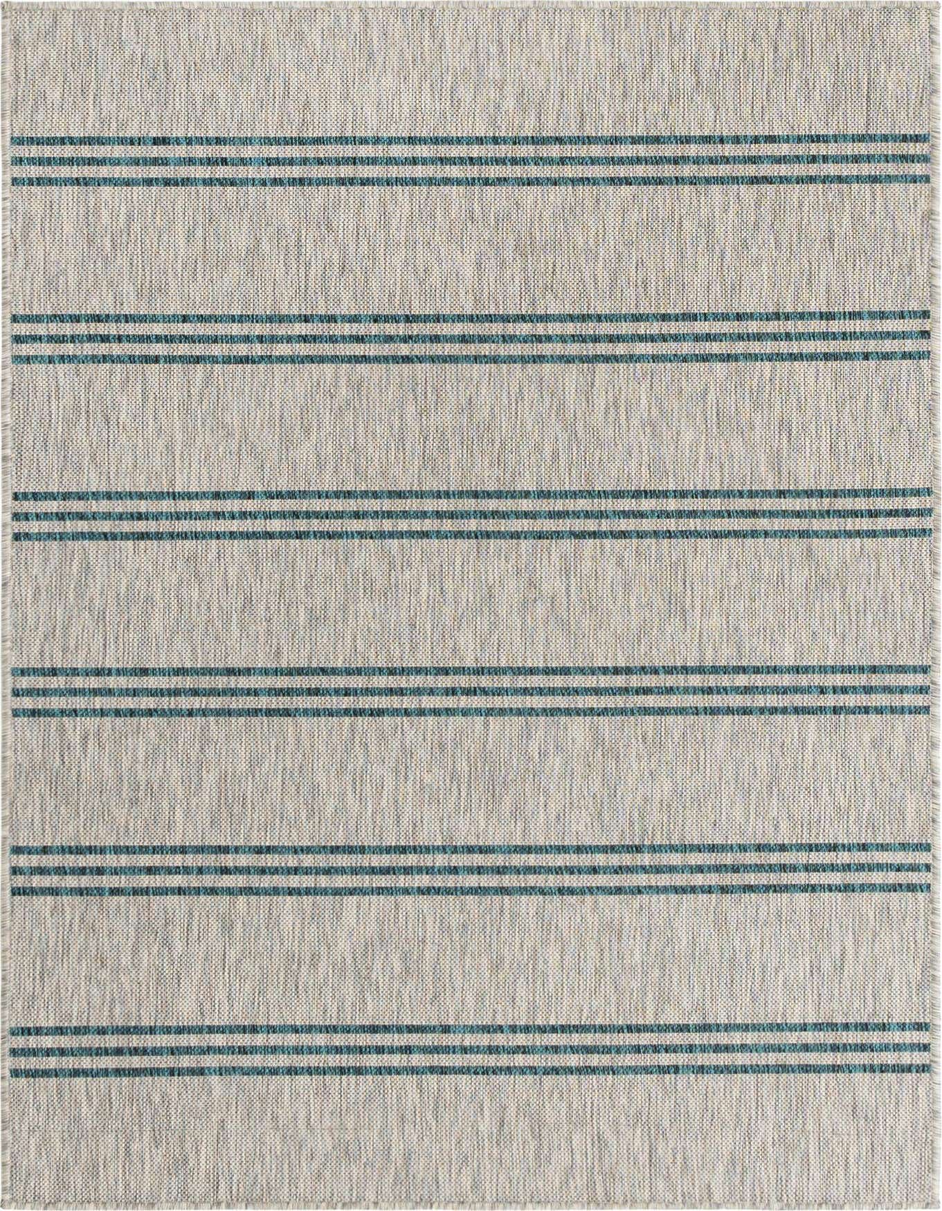 A 4x6 rectangular indoor/outdoor rug with a light gray textured flatweave background and thin teal blue horizontal stripes.