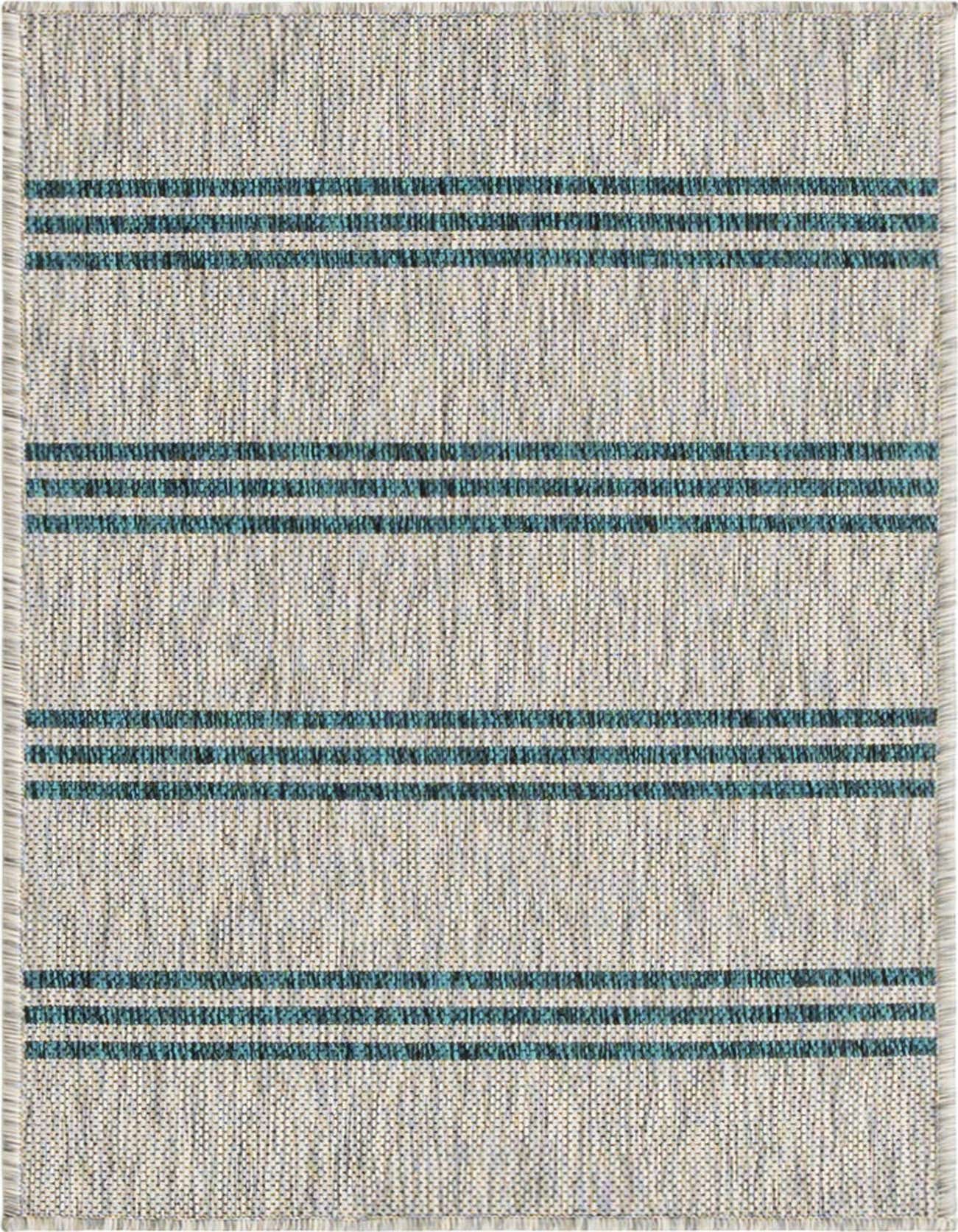 A 2x3 rectangular Jill Zarin Outdoor rug with a textured gray base and thin teal and dark gray stripes, suitable for indoor or outdoor use.