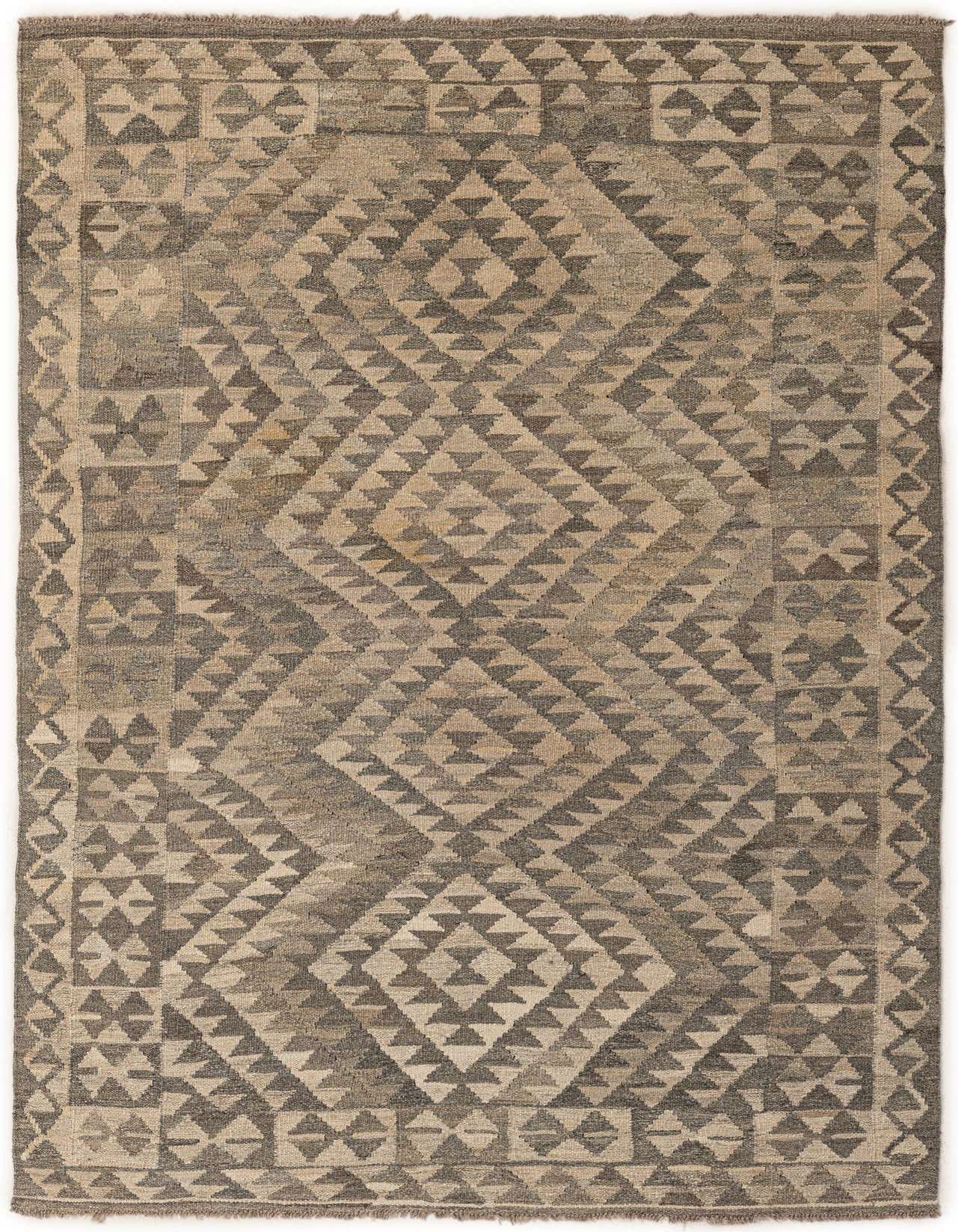 A 4x6 rectangular gray tribal flatweave wool rug with a prominent diamond pattern and geometric border.