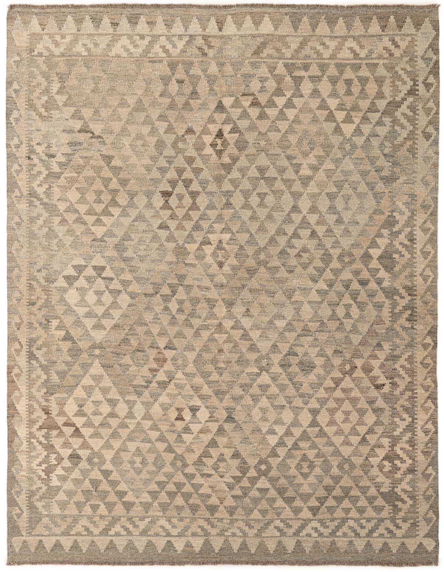 A 5x7 rectangular Kilim Maymana rug featuring a tribal geometric pattern in varying shades of gray and silver.