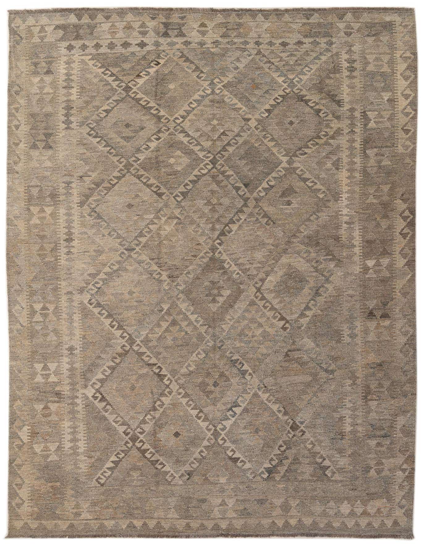 A 7x10 rectangular Kilim Maymana wool rug in shades of gray with a tribal geometric diamond pattern.