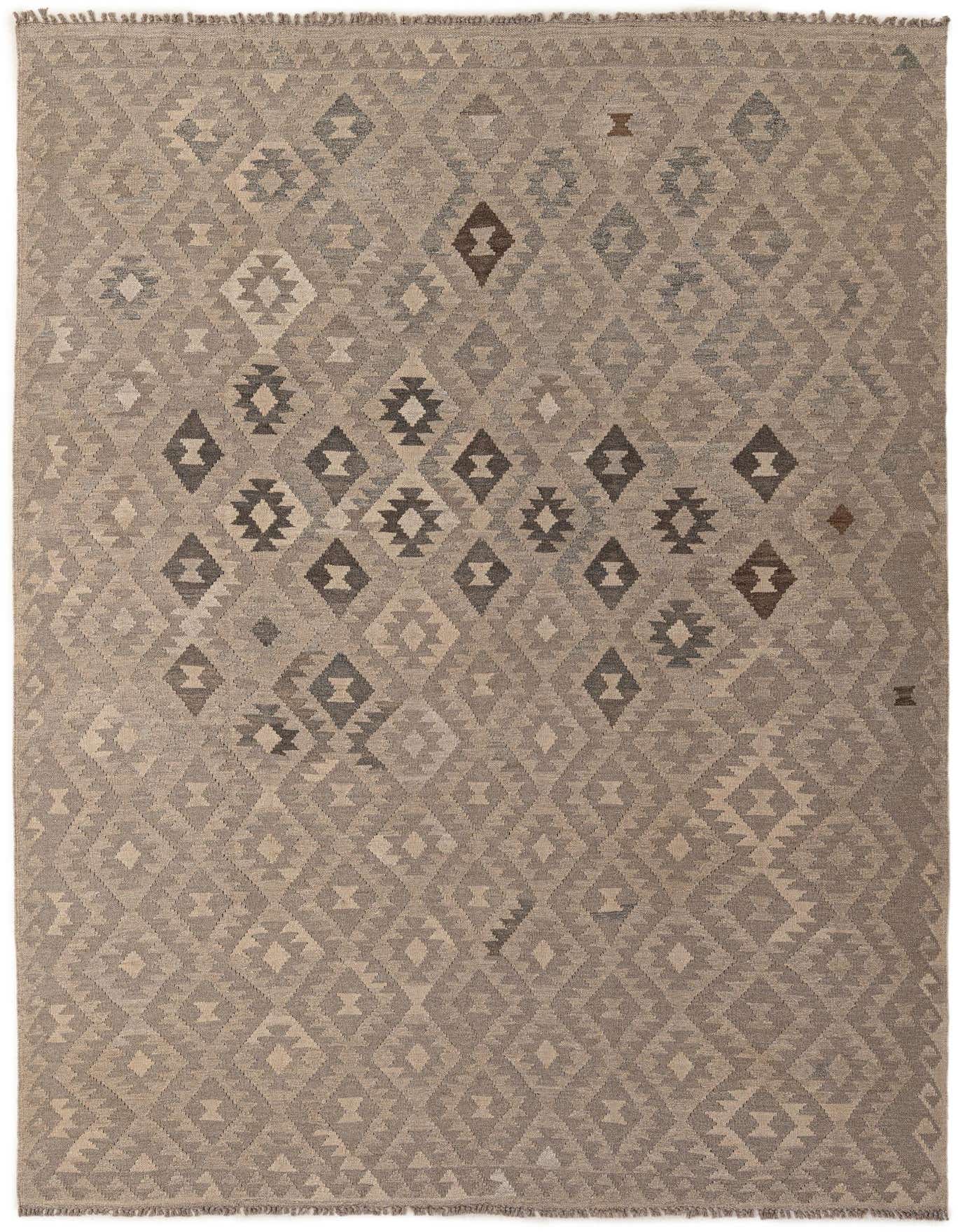 A 7x10 rectangular flatweave Kilim Maymana rug featuring a tribal diamond pattern in various shades of gray and silver.