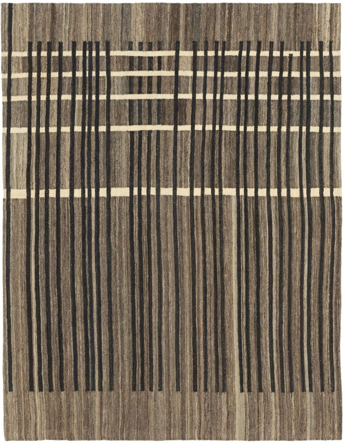 A 6x9 rectangular Kilim Modern wool rug featuring a tribal stripe pattern in various shades of gray and silver with black and cream accents.