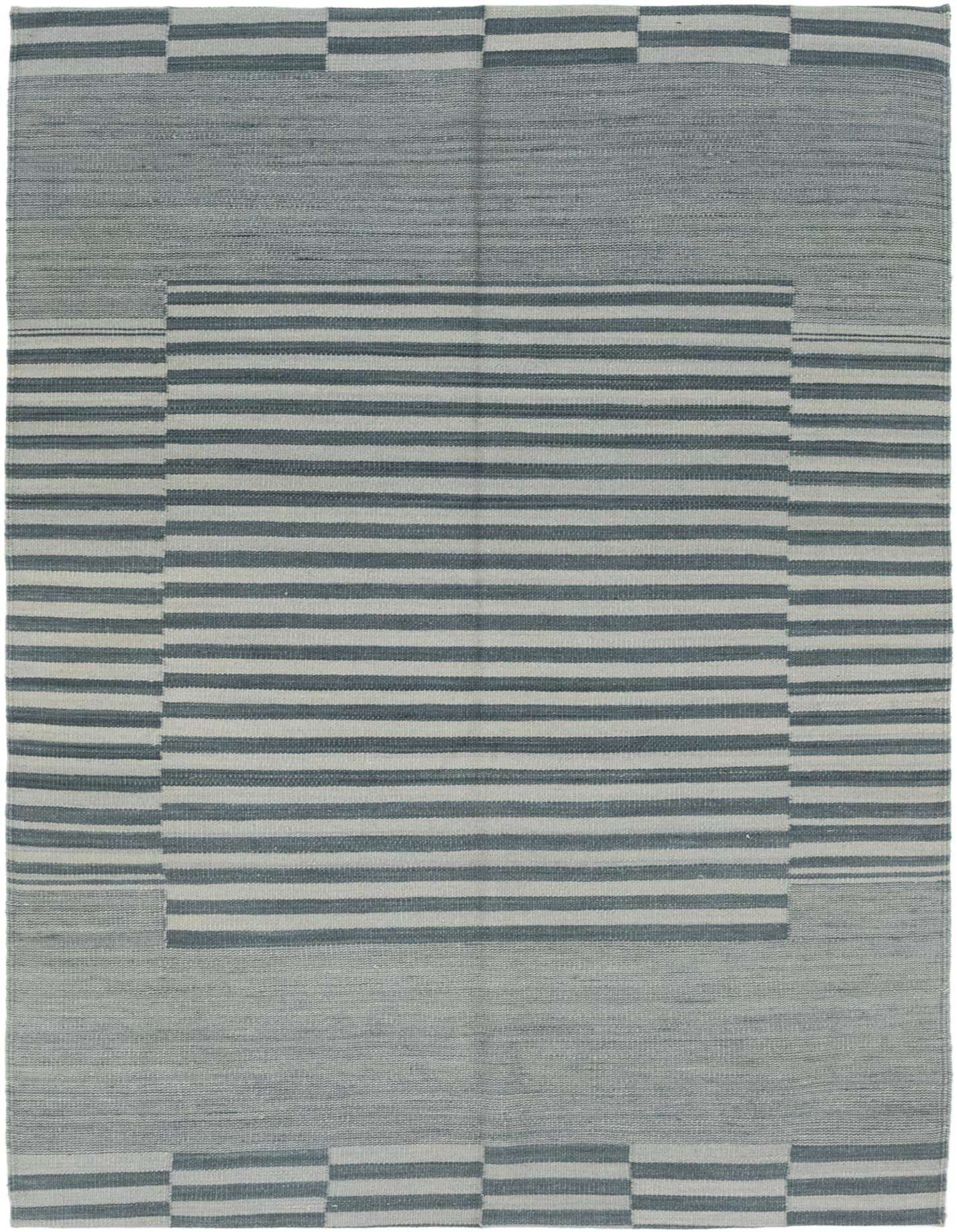 A 4x6 rectangular gray flatweave wool rug with a modern tribal stripe pattern, featuring varying shades of gray.