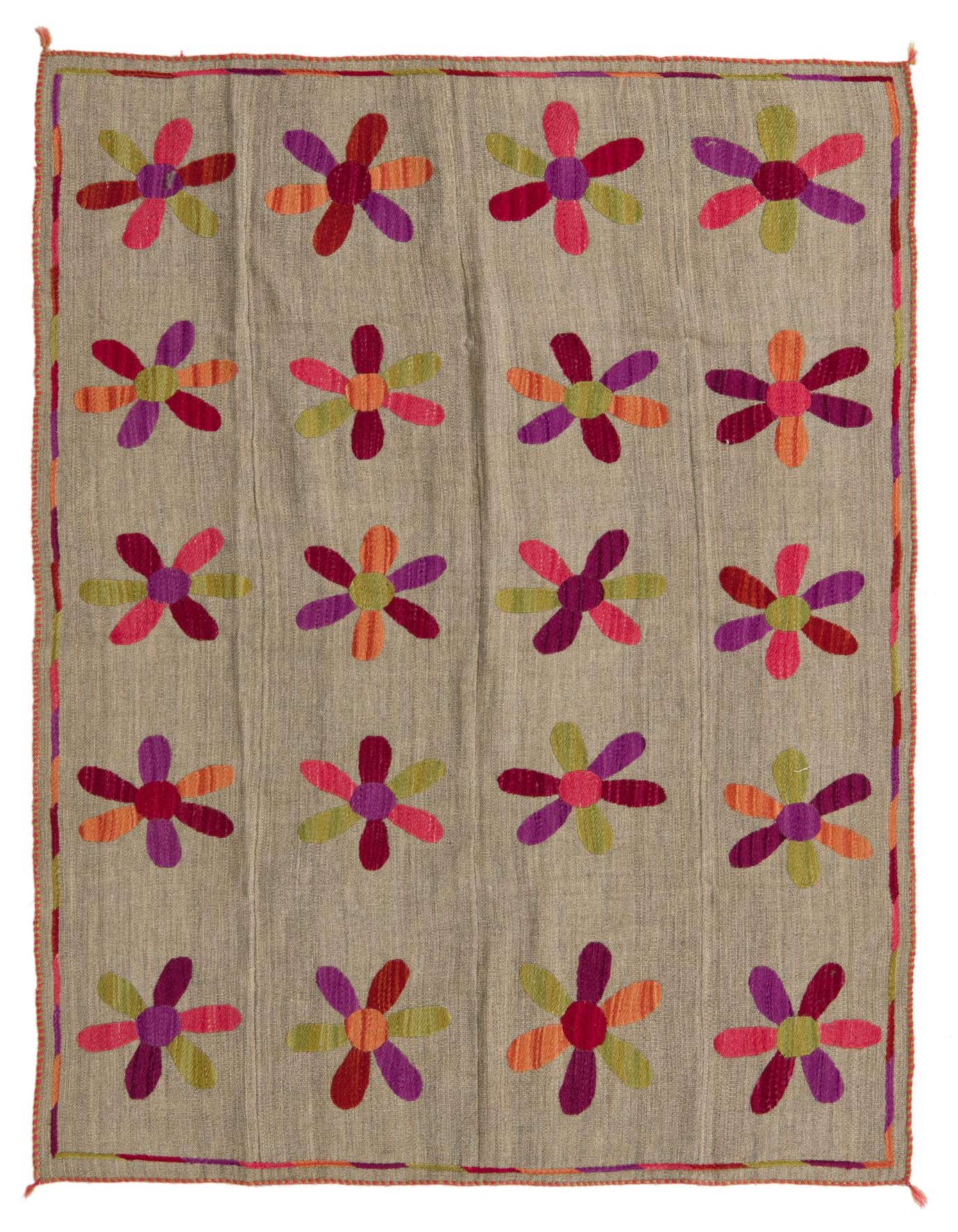 A 4x6 rectangular gray Kilim Suzani rug with a repeating pattern of colorful floral motifs in red, orange, pink, purple, and green.