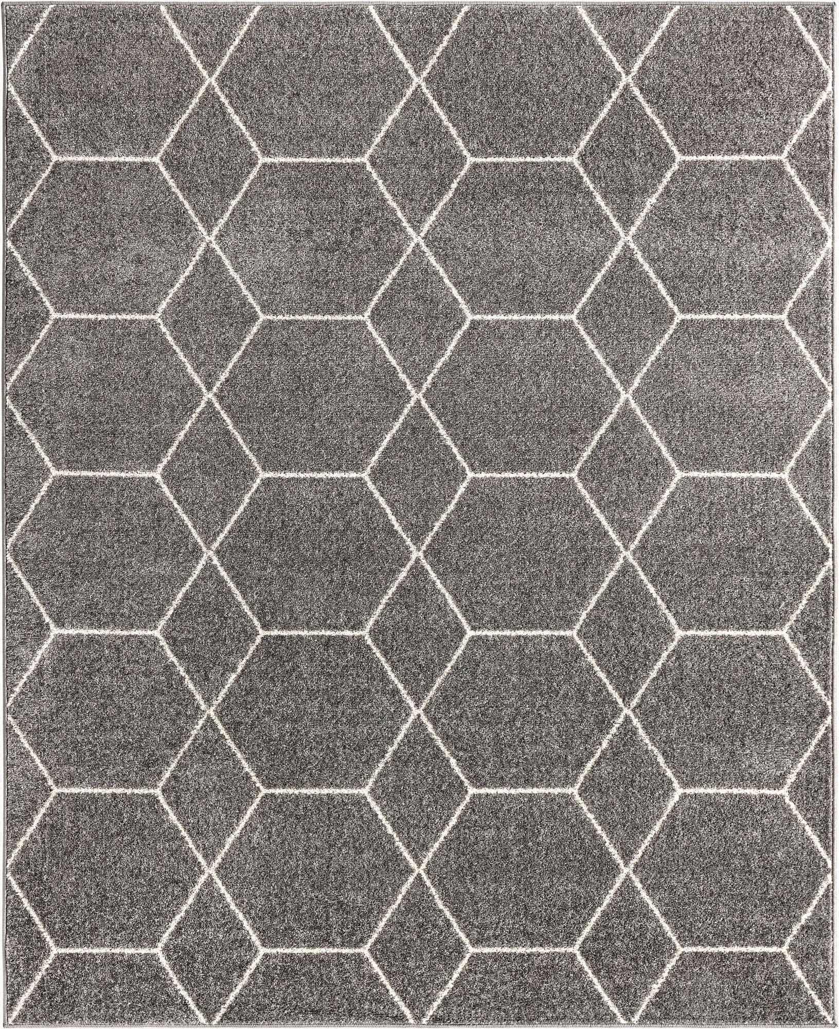 A rectangular 8x10 gray area rug with a modern white trellis pattern, suitable for a living room.