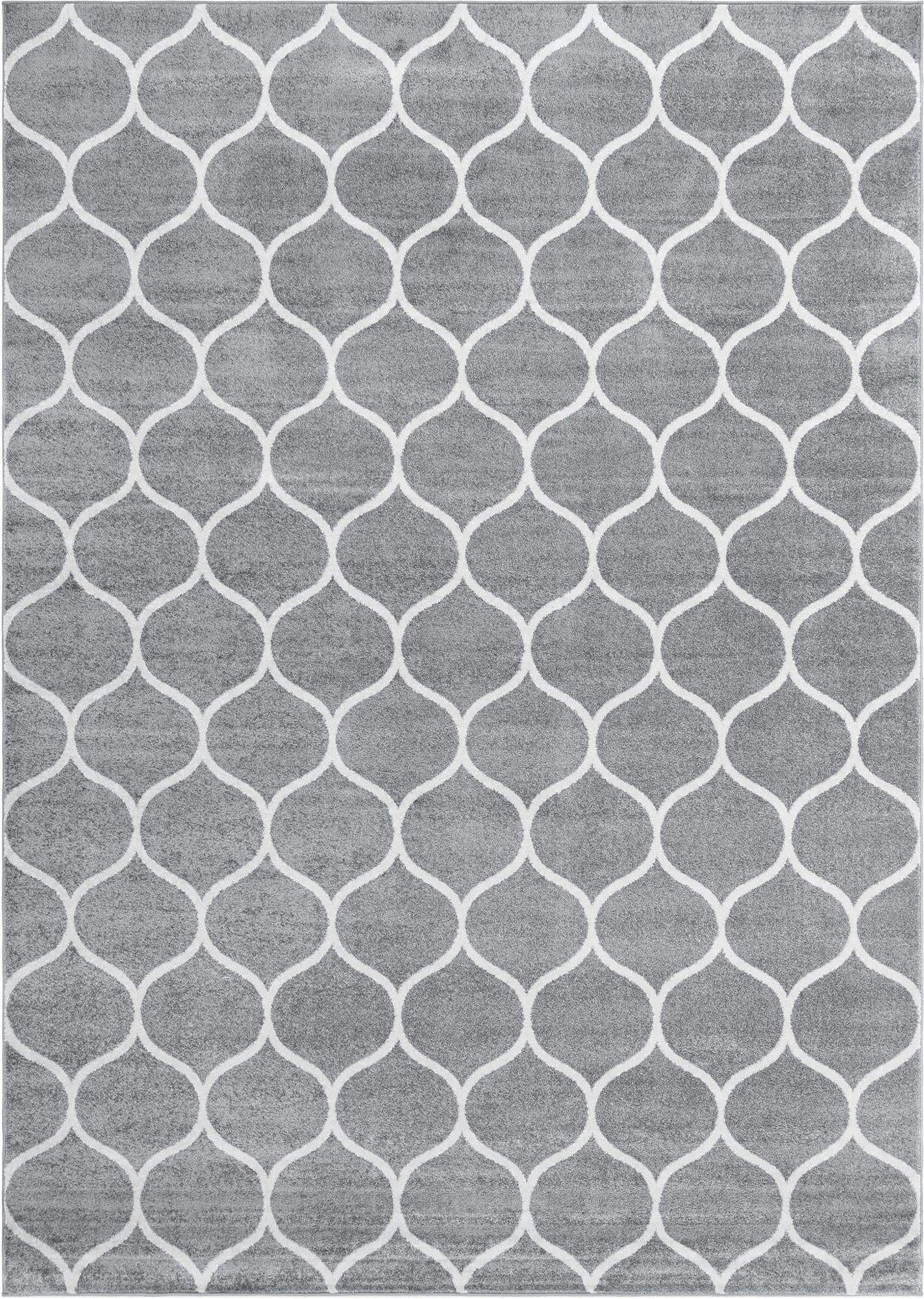 A 10x14 rectangular gray area rug with a repeating white modern trellis pattern, suitable for a living room or bedroom.