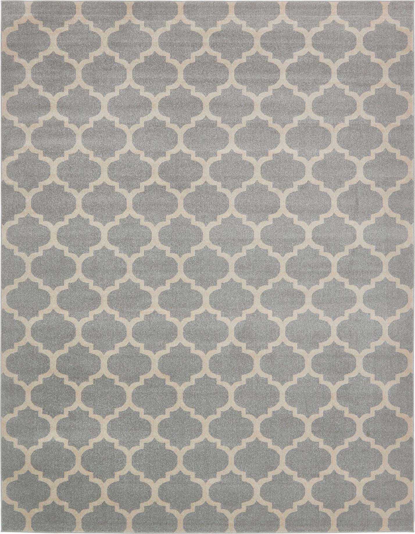 A large 10x14 gray rectangular area rug with a repeating beige modern trellis pattern, suitable for a living room.