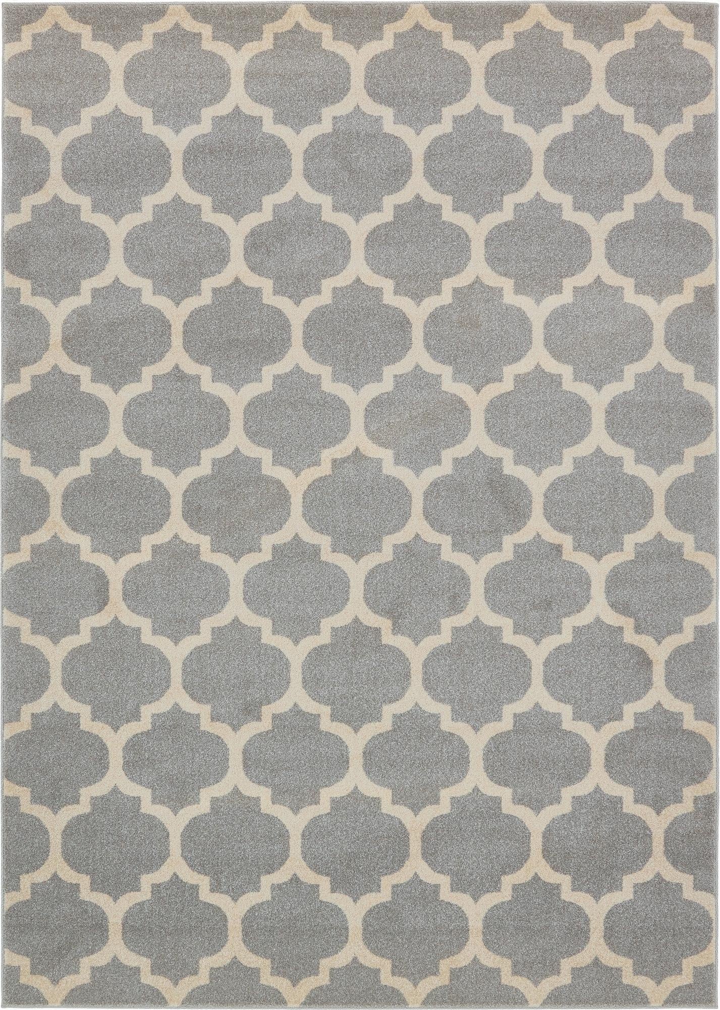 A 7x10 rectangular gray area rug with a repeating cream-colored modern trellis pattern, suitable for a living room.