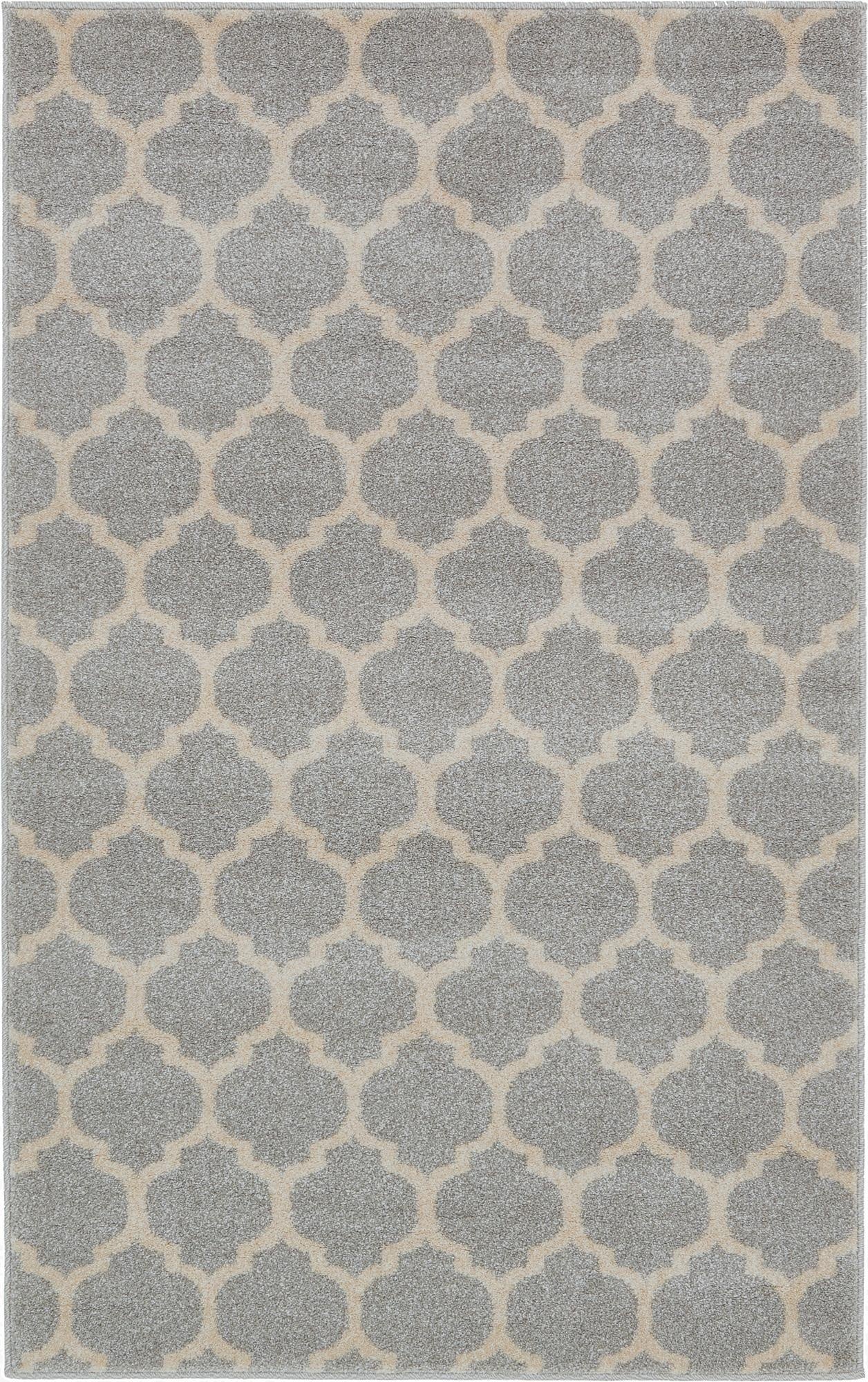 A 3x5 rectangular gray area rug with a cream modern trellis pattern, suitable for an entryway or kitchen.