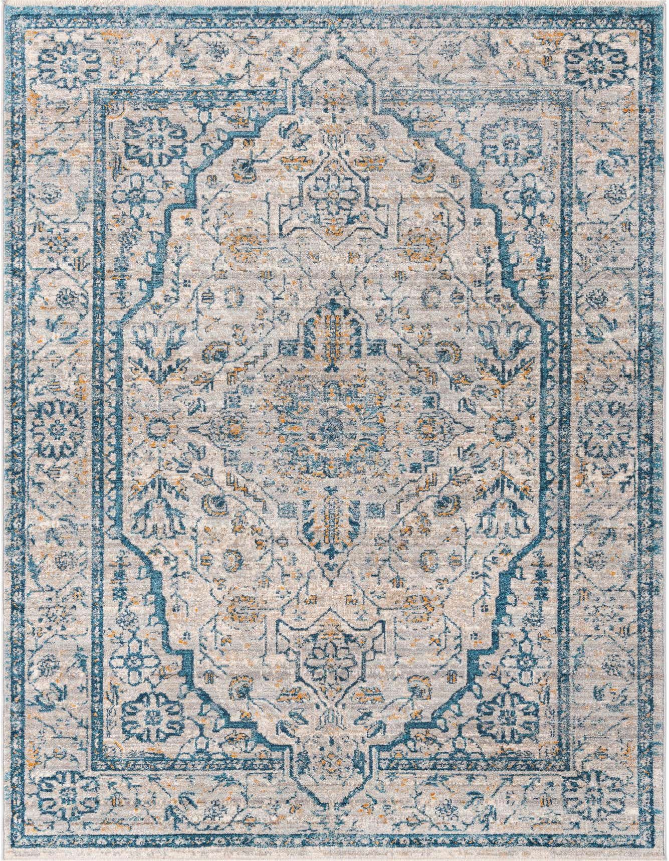 A 5x8 rectangular Lola Collection rug featuring a distressed gray, blue, and gold medallion pattern with a thin pile.