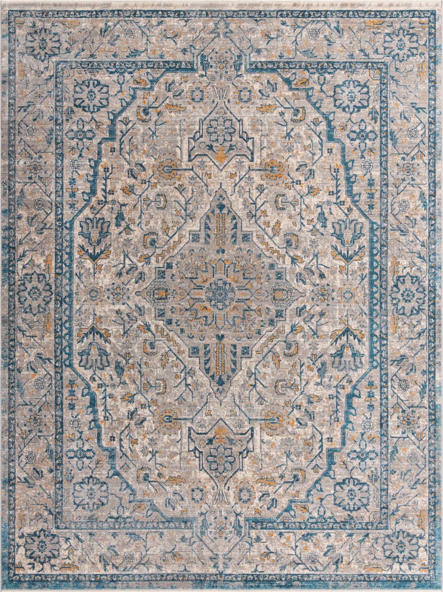 A 9x12 rectangular Lola Collection rug featuring a faded gray, silver, and teal medallion pattern with subtle gold accents, ideal for a living room.